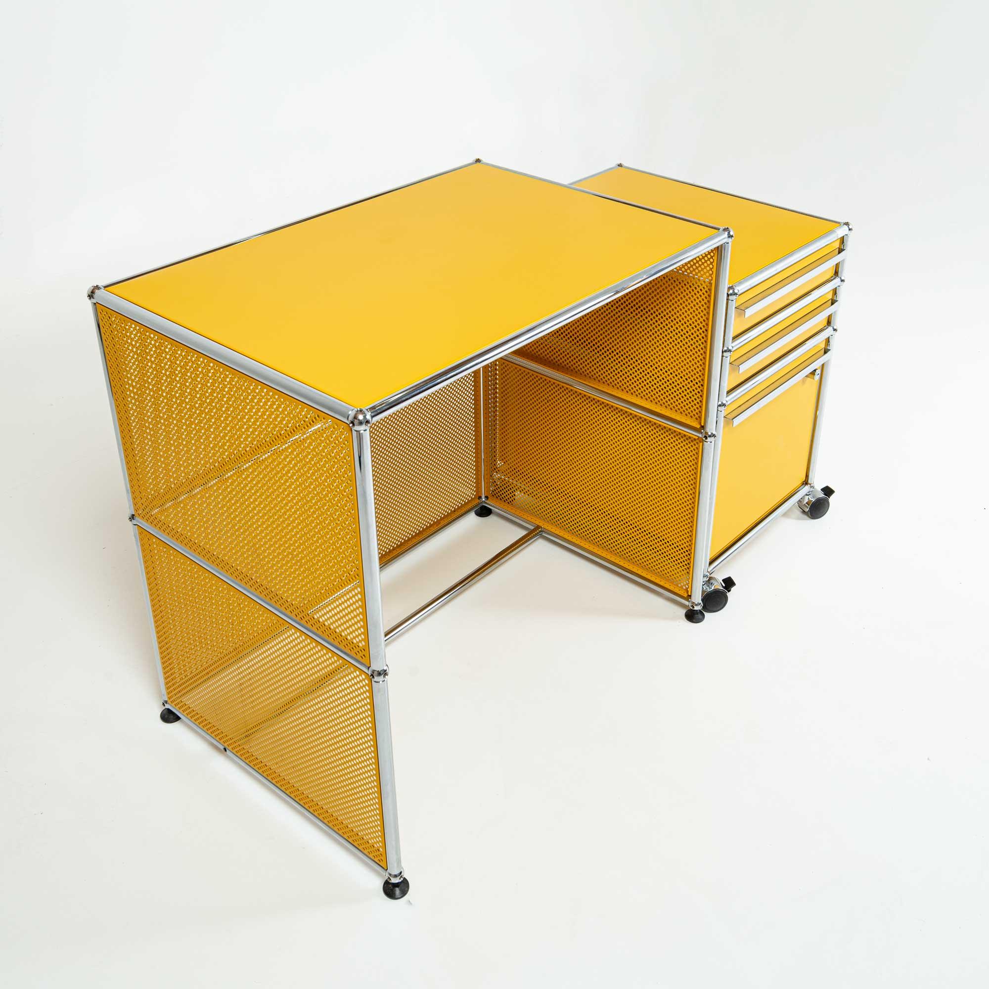 Post-Modern USM Modular System Desk and Rolling Cabinet in Golden Yellow