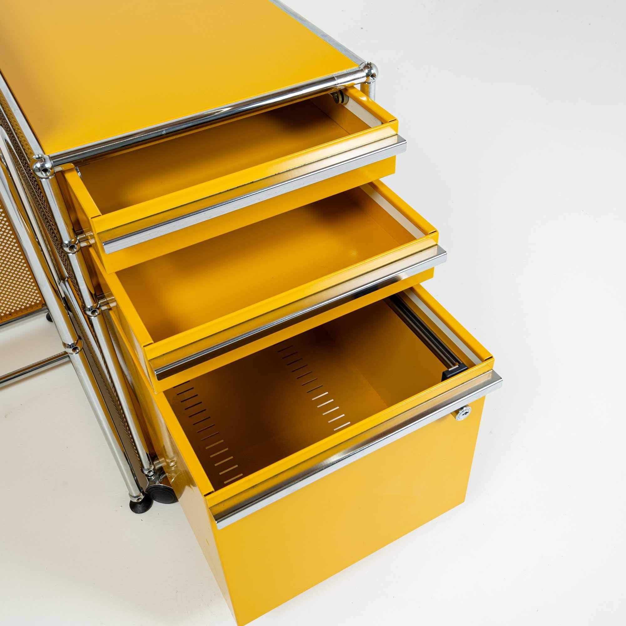 Steel USM Modular System Desk and Rolling Cabinet in Golden Yellow