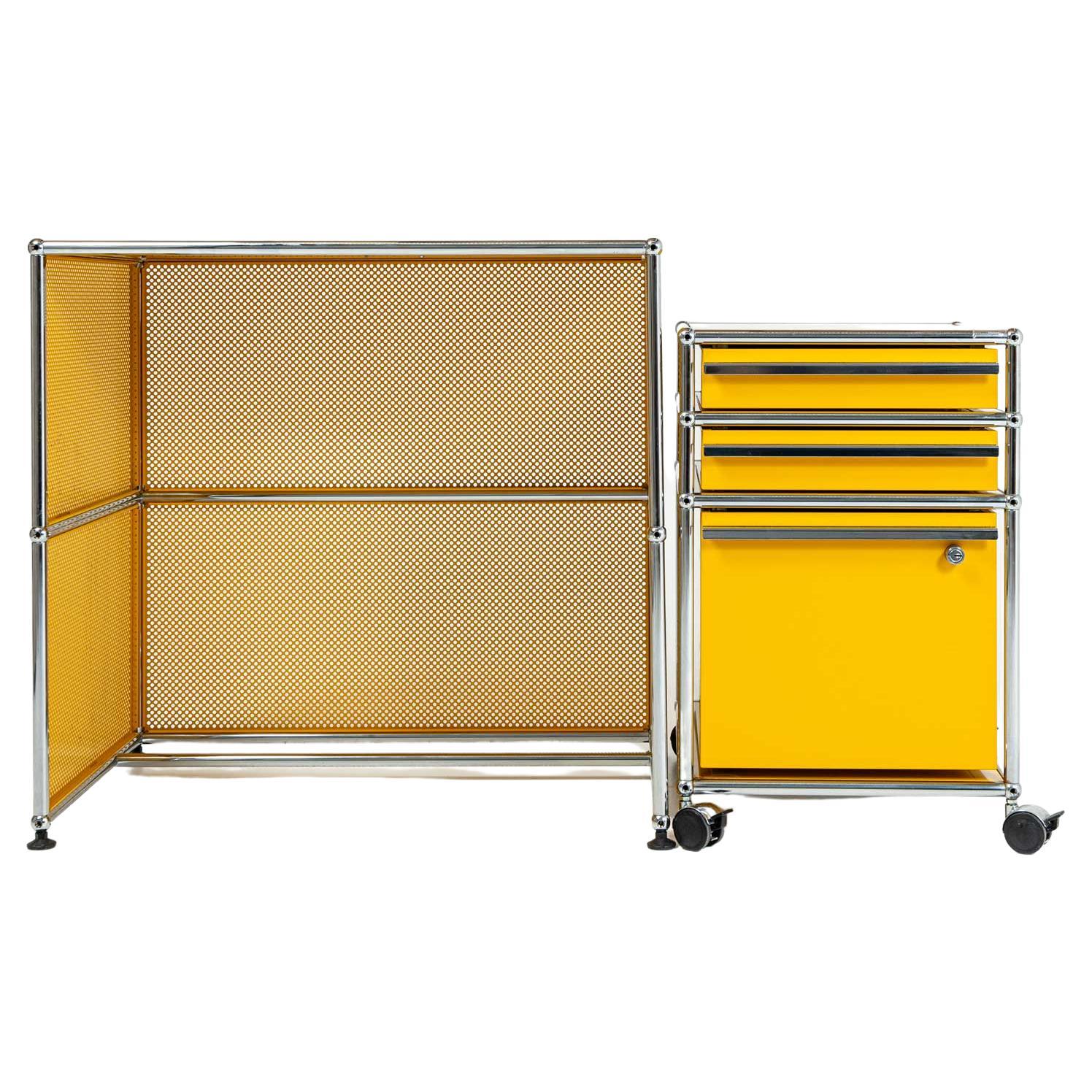 USM Modular System Desk and Rolling Cabinet in Golden Yellow