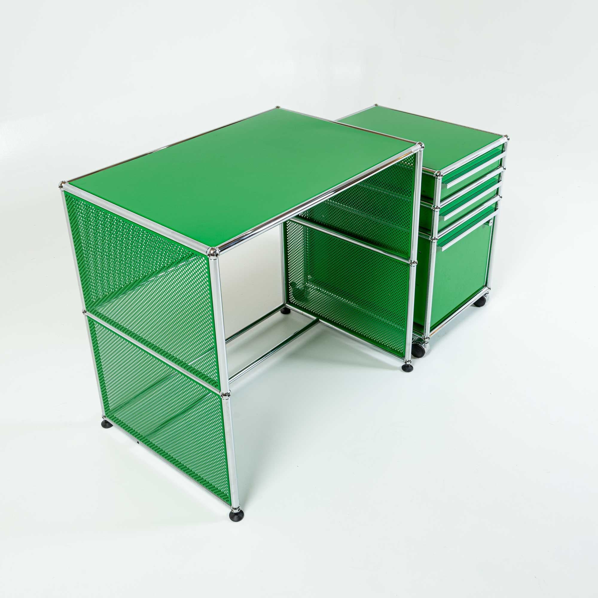 Post-Modern USM Modular System Desk and Rolling Cabinet in USM Green
