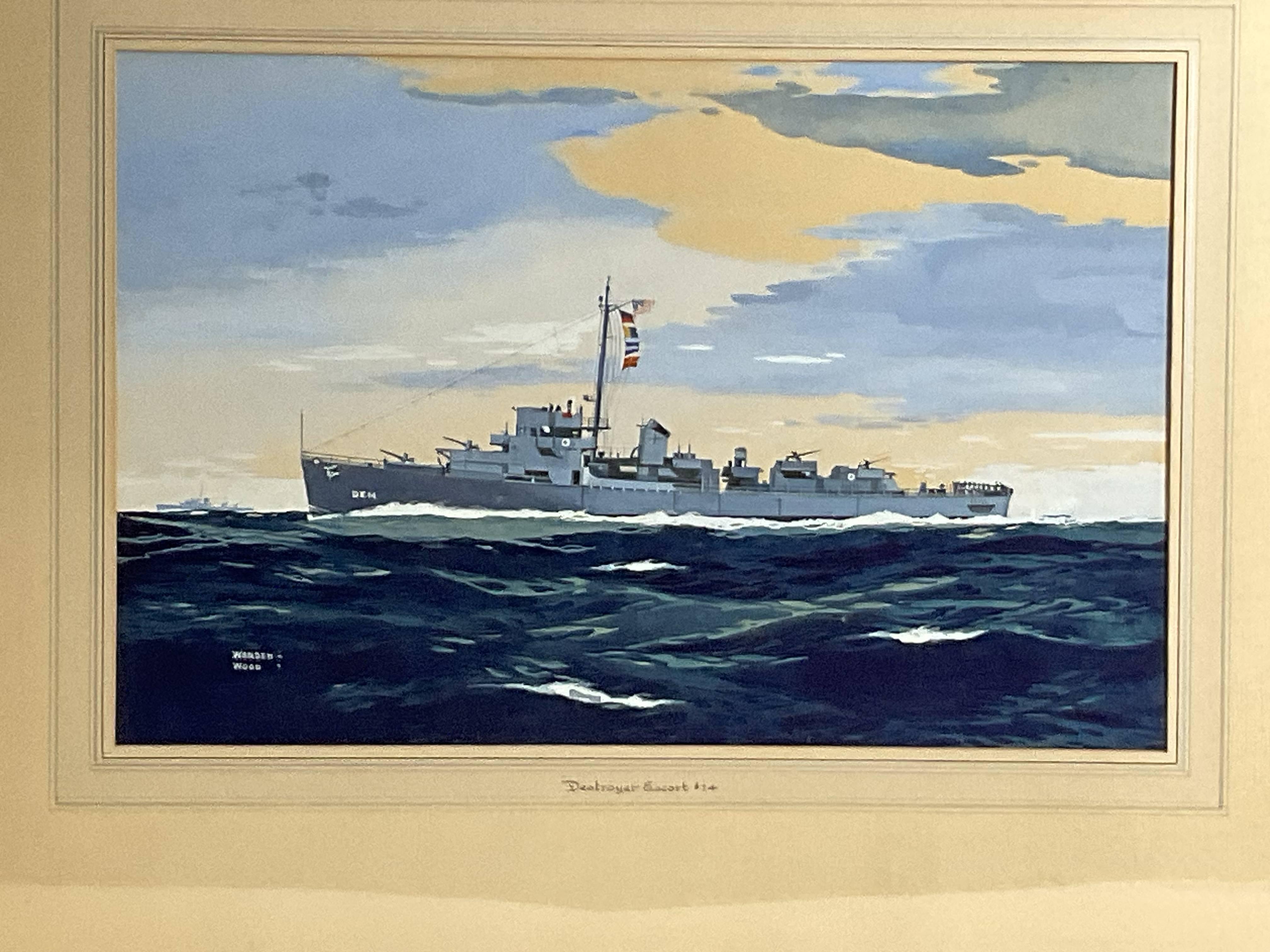 USS Doherty DE-14 Painting by Worden Wood In Good Condition For Sale In Norwell, MA