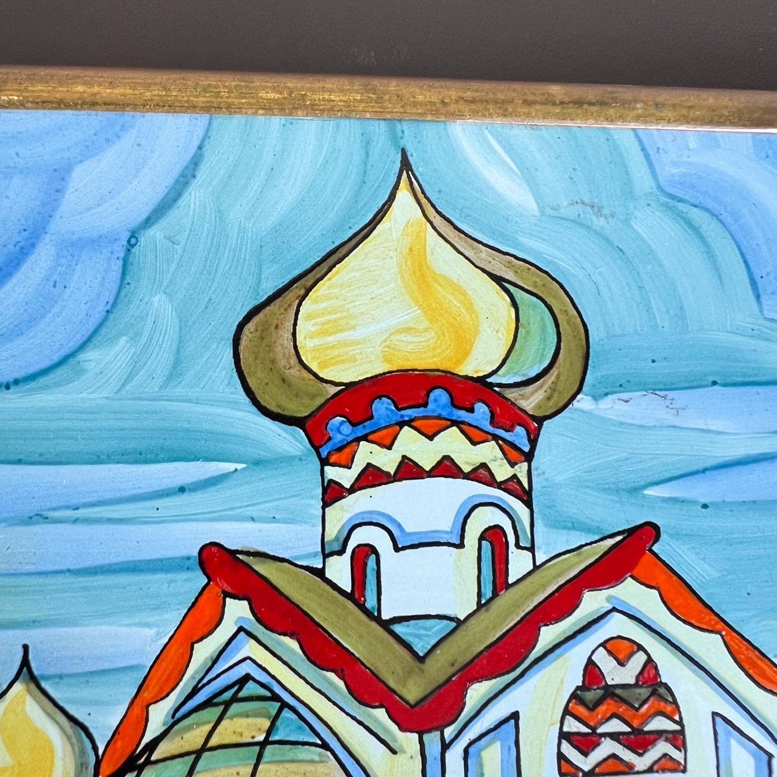 URSS Vintage Azulejos Pintados a Mano Enmarcados Catedral Rusa Latón
