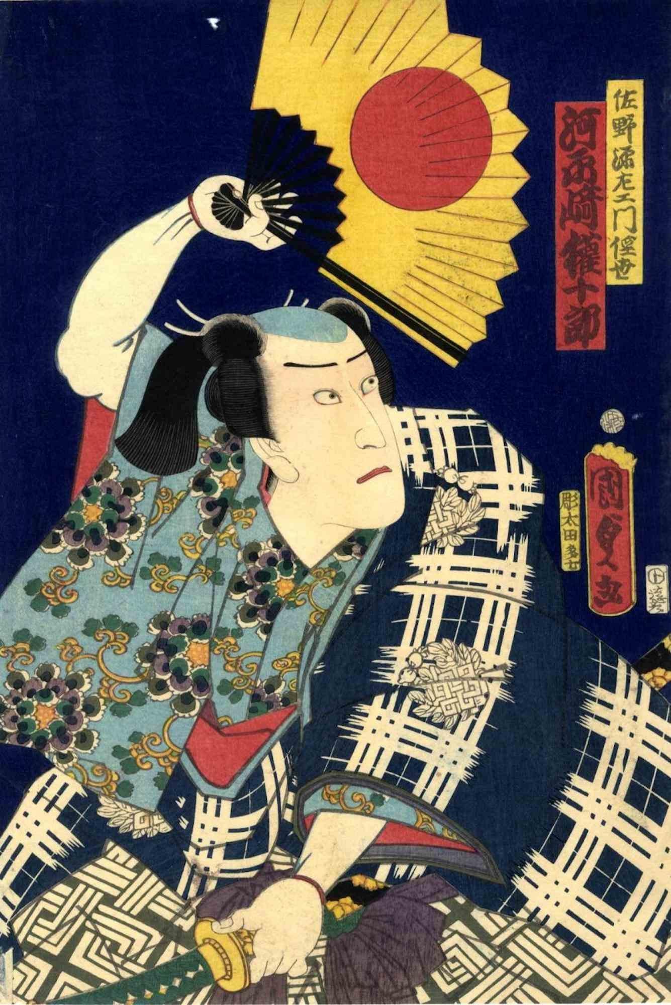 Kawazaki Gonjuro is an original modern artwork realized by Utagawa Hirosada (Japanese, active 1825–75) in 1865.

Woodcut print oban format, from a multi-sheet. Signature Toyokuni ga. Publisher: Enshuya Hikobei. Censorship: Aratame. Wood engraver: