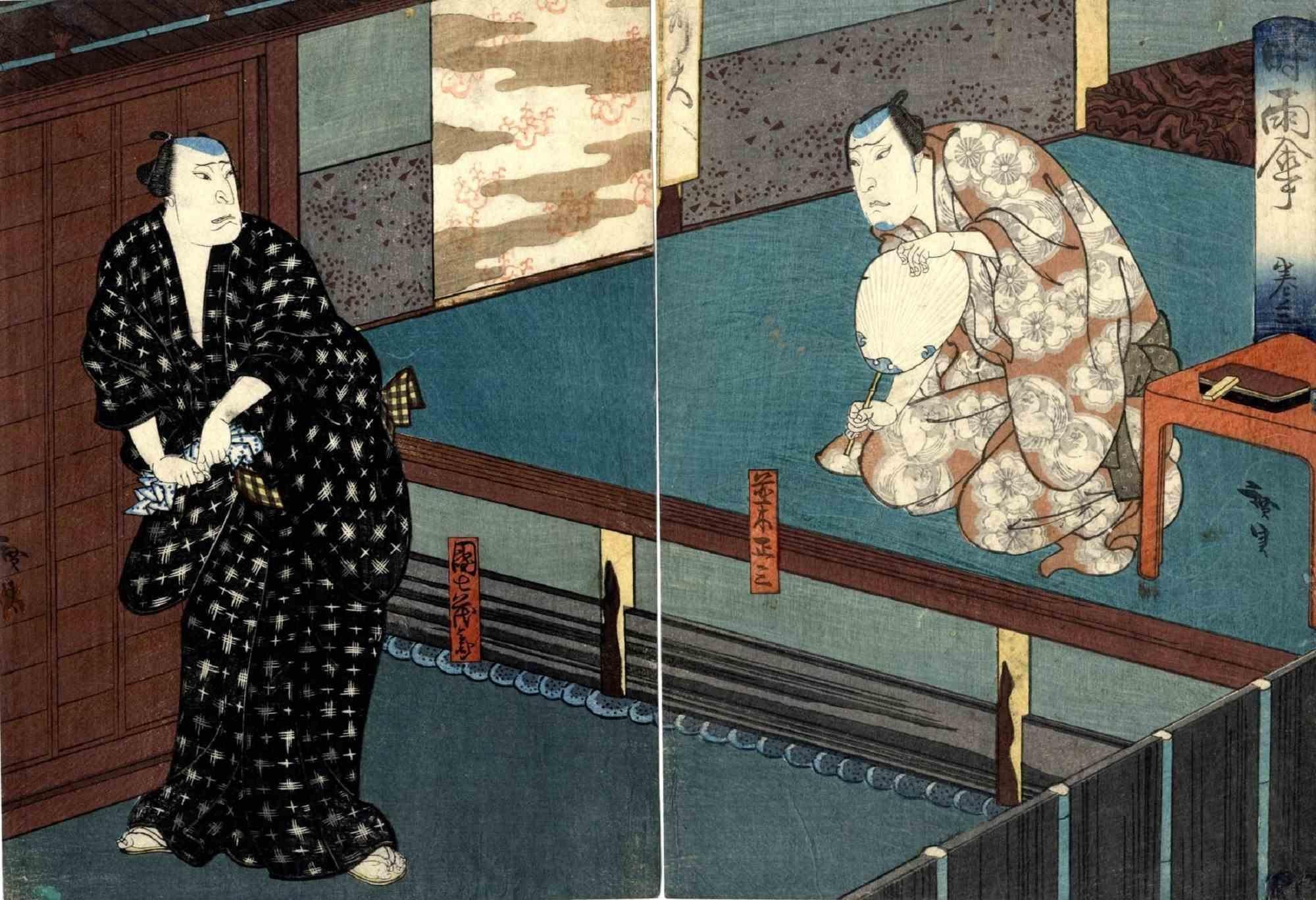Mimasu Daigoro IV is an original modern artwork realized by Utagawa Hirosada (Japanese, active 1825–75) in 1851.

Original Woodcut Chuban Dyptich, 1851.

Mimasu Daigoro IV in the role of the money lender Namiki Shozo and Nakamura Utaemon IV in the