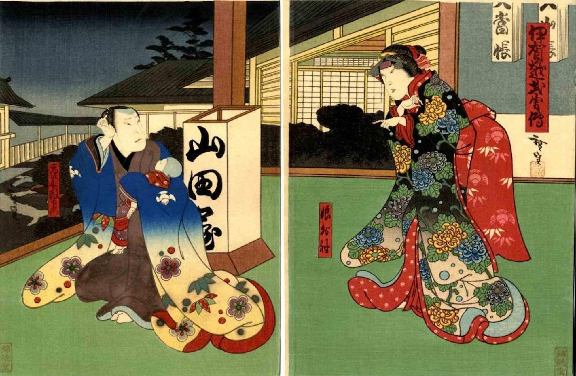 Scene at Night on a Veranda is an original modern artwork realized by Utagawa Hirosada (Japanese, active 1825–75) in 1860.

Original woodcut print chuban diptych format, 1860. Signature Hirosada. Seal: Sada. Publisher: Kinkodo. From the series