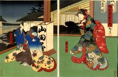  Szene in der Nacht auf einer Veranda –  Holzschnittdruck von Utagawa Hirosada – 1860