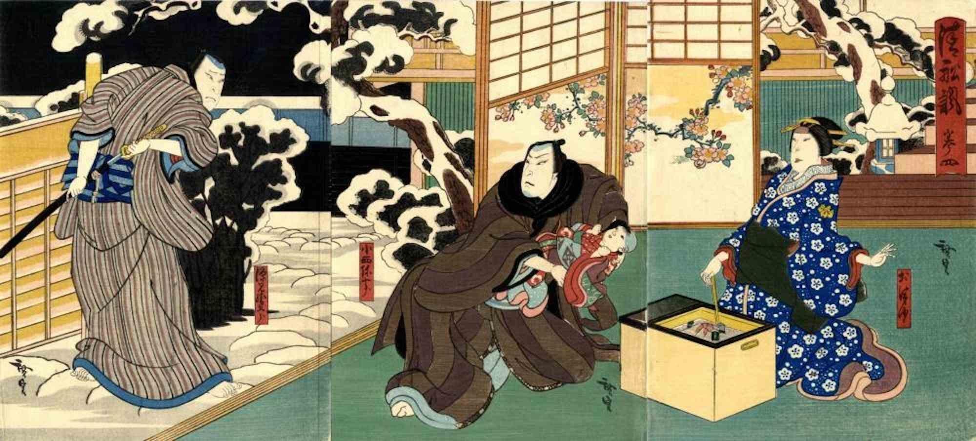 Nakamura Nanji II as Otsuyu is an original modern artwork realized by Utagawa Hirosada (Japanese, active 1825–75) in 1851.

Original Woodcut Chuban Tryptich, 1851.

Nakamura Nanji II as Otsuyu, Matsumoto Daigoro IV as Konishi Yajuro and Nakamura