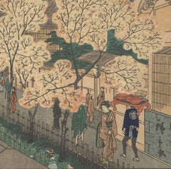 Hiroshige II, Landschaft, Original japanischer Holzschnitt, Kirschblütenblüten, Edo