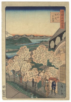 Hiroshige II, Landscape, Original Japanese Woodblock Print, Cherry Blossoms, Edo