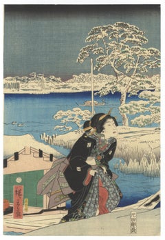 Hiroshige II, Toyokuni III, Snow, Original Japanese Woodblock Print, Genji, Blue