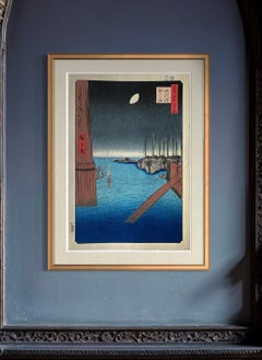 Authentischer japanischer Farbholzschnitt - Blick auf die Insel Tsukuda von der Eitai-Brücke aus