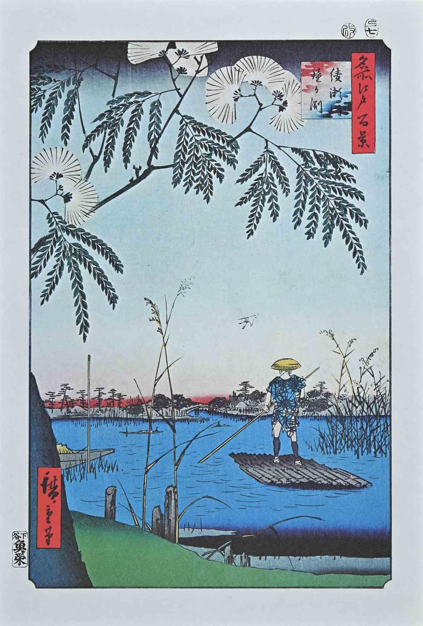Ayase und Kanegafuchi River ist ein modernes Kunstwerk, das Mitte des 20. Jahrhunderts nach Utagawa Hiroshige entstand.

Mischkolorierte Lithografie nach einem Holzschnitt von Utagawa Hiroshige aus dem Jahr 1857 aus der Serie "Meisho Edo Hyakkei"