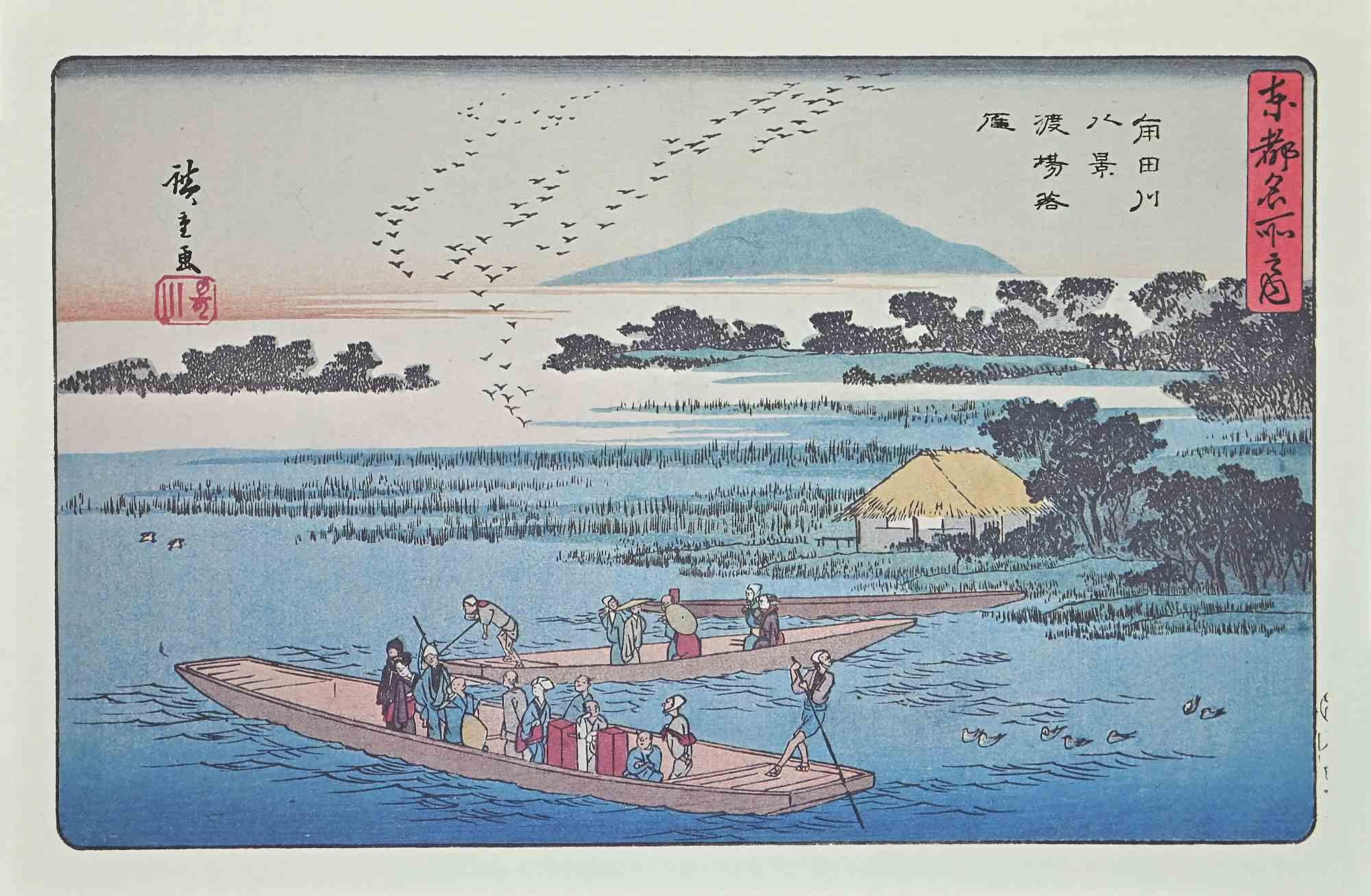 Landscape Print Utagawa Hiroshige - Boatmen-Eight Scenic Spots Along Sumida River d'après U. Hiroshige-20th Century