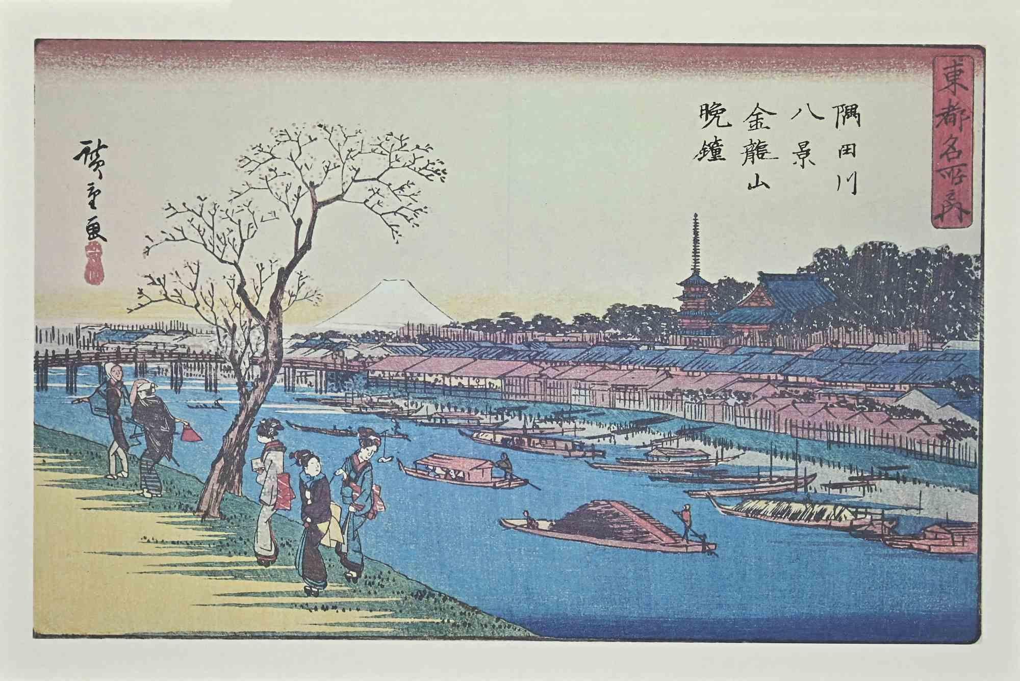 Landscape Print Utagawa Hiroshige - Huit spots scéniques le long de Sumida - Lithographie d'après Hiroshige - Milieu du XXe siècle