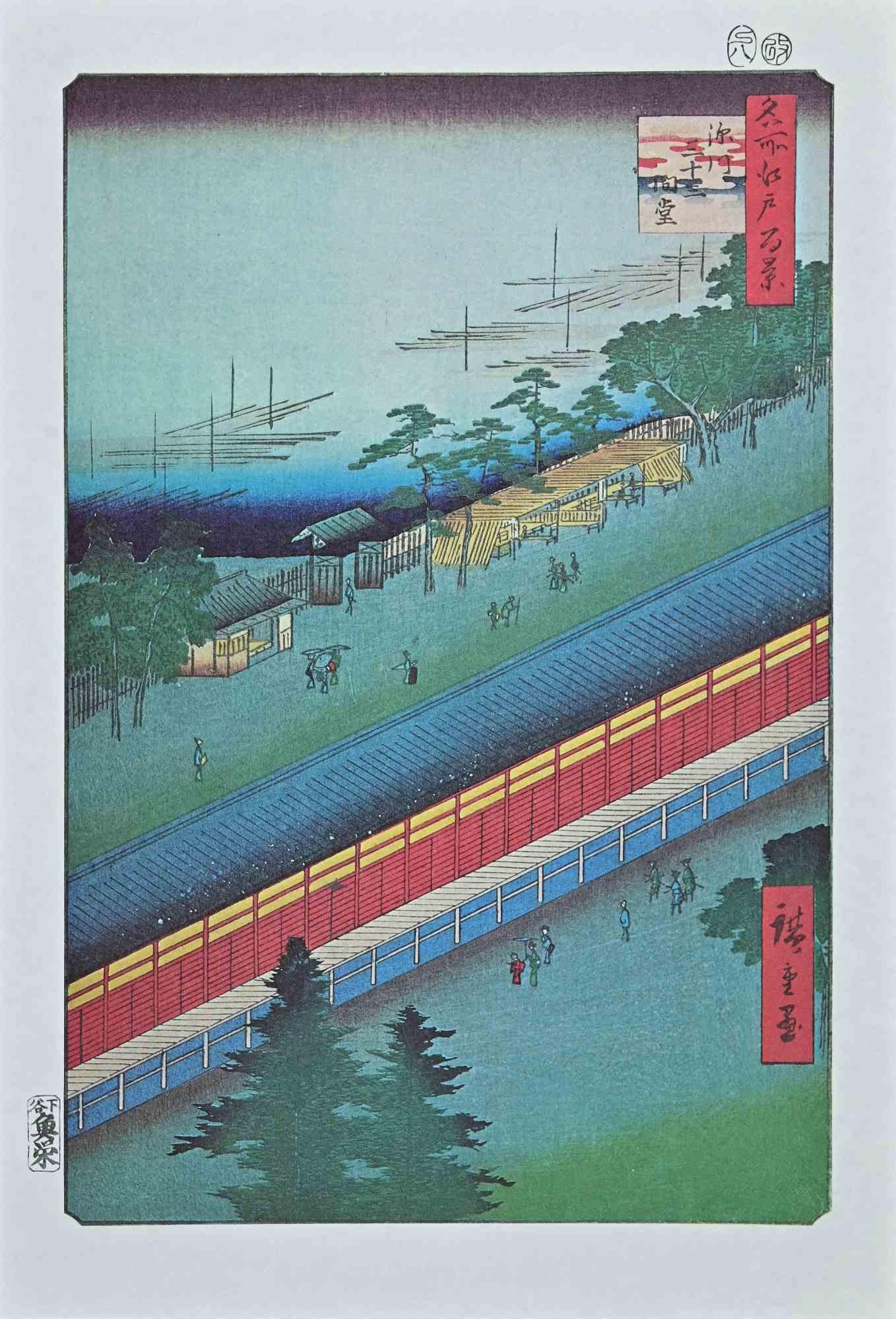 Hall of Thirty-Three Bays is a modern artwork realized in the Mid-20th Century.

Mixed colored lithograph after a woodcut realized by Utagawa Hiroshige in 1857 and from the series "Meisho Edo Hyakkei" ("One Hundred Famous Views of Edo"). 

Good