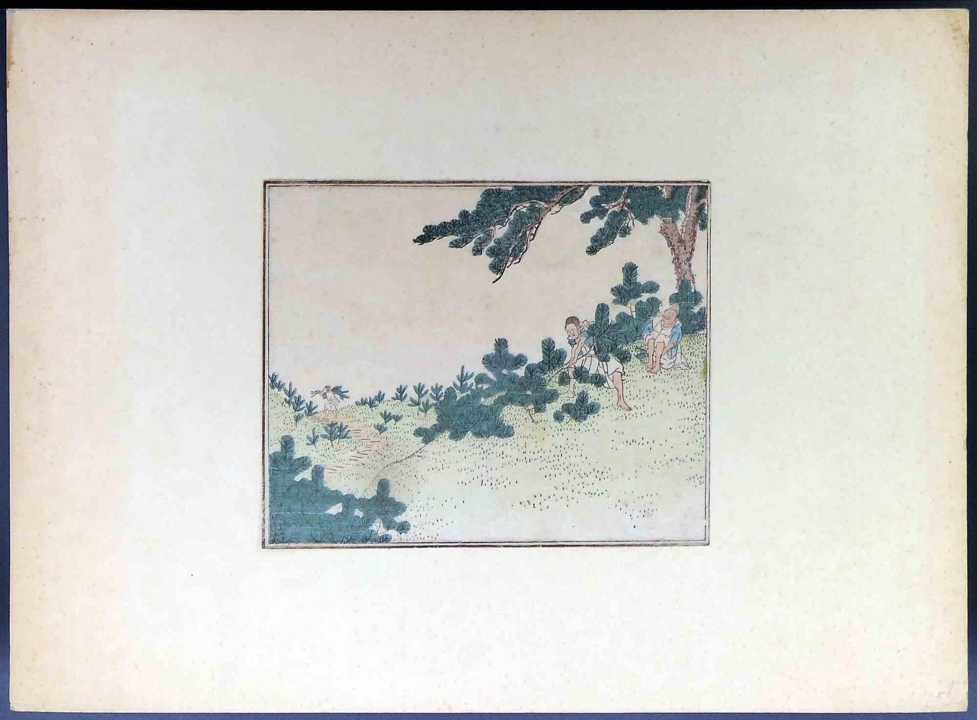Harvesting Young Cedars - Woodcut by Utagawa Hiroshige - 19th Century For Sale 2