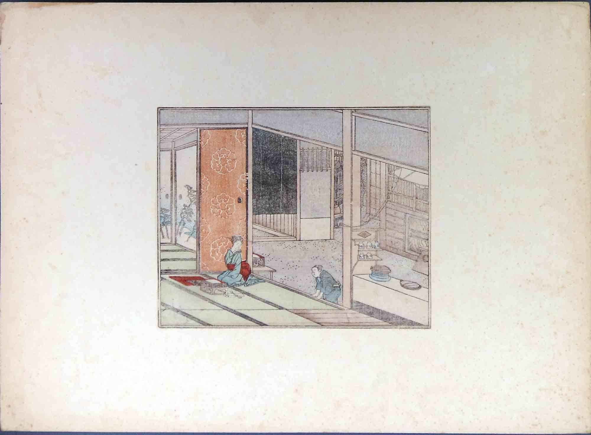 Interior Scene with Traditional Service by Utagawa Hiroshige - 19th  Century For Sale 2