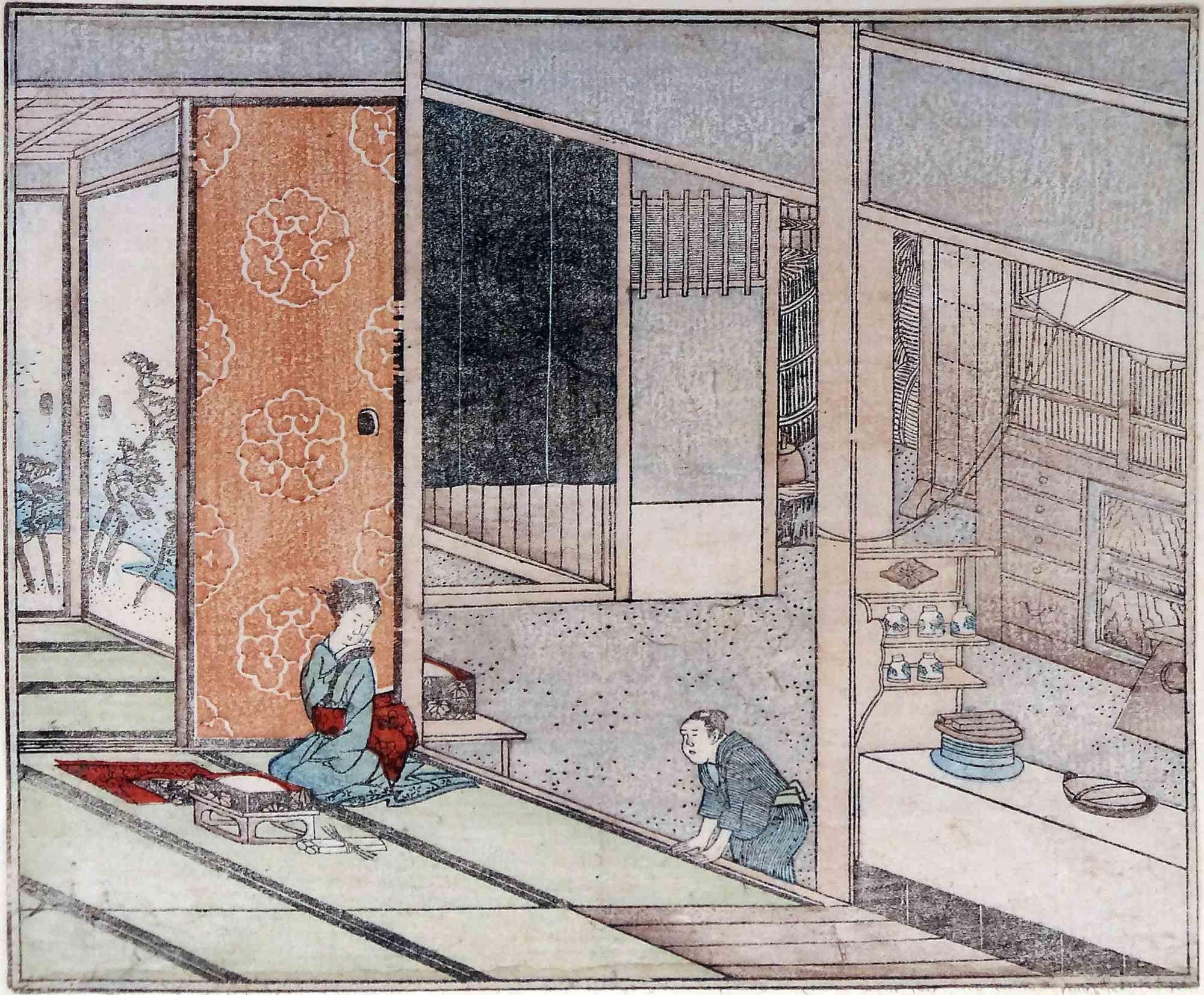 Dieser liebevolle Originaldruck ist das Werk des berühmten japanischen Meisters Utagawa Hiroshige (1797-1858).

Es stellt eine Alltagsszene mit zwei Personen in einer perspektivischen Innenansicht in sanften Farben dar.

Es ist in gutem Zustand und