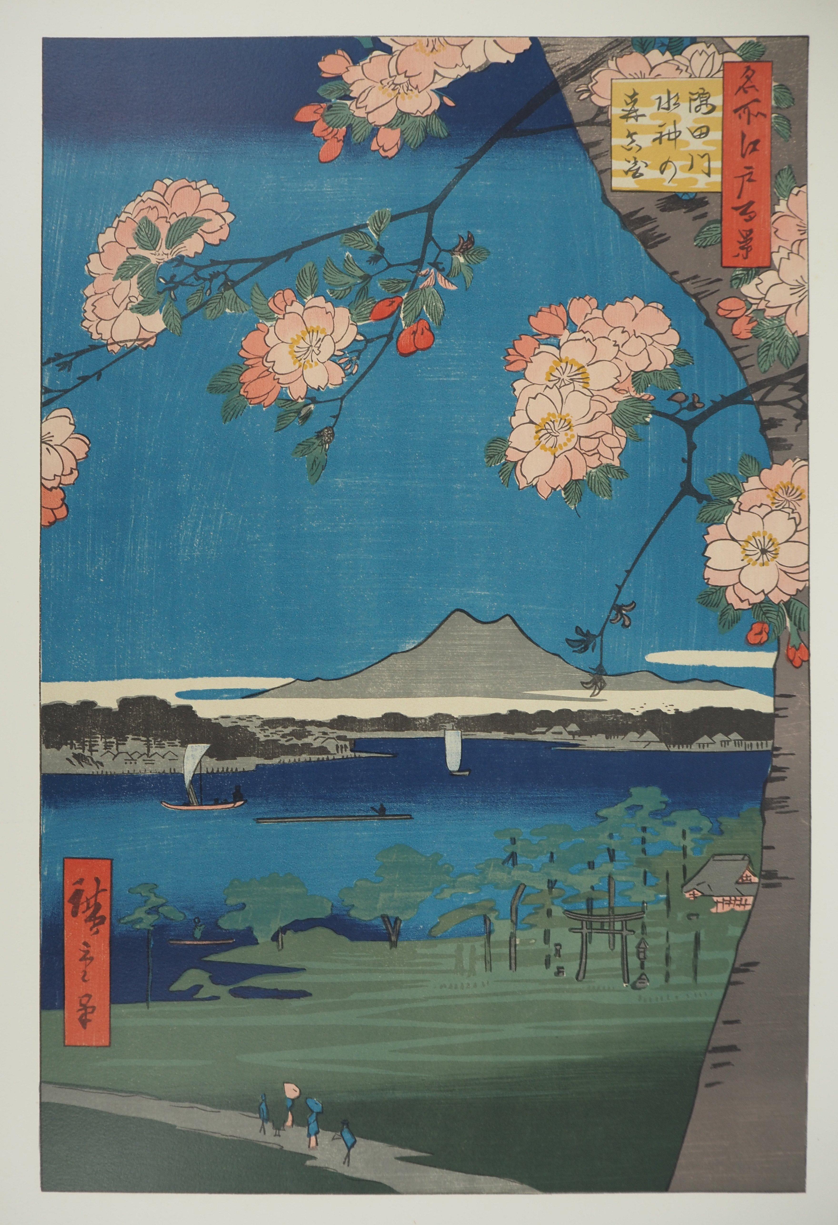 Giappone, Santuario Suijin e Masaki sul fiume Sumida - Litografia (Mourlot) - Print di Utagawa Hiroshige