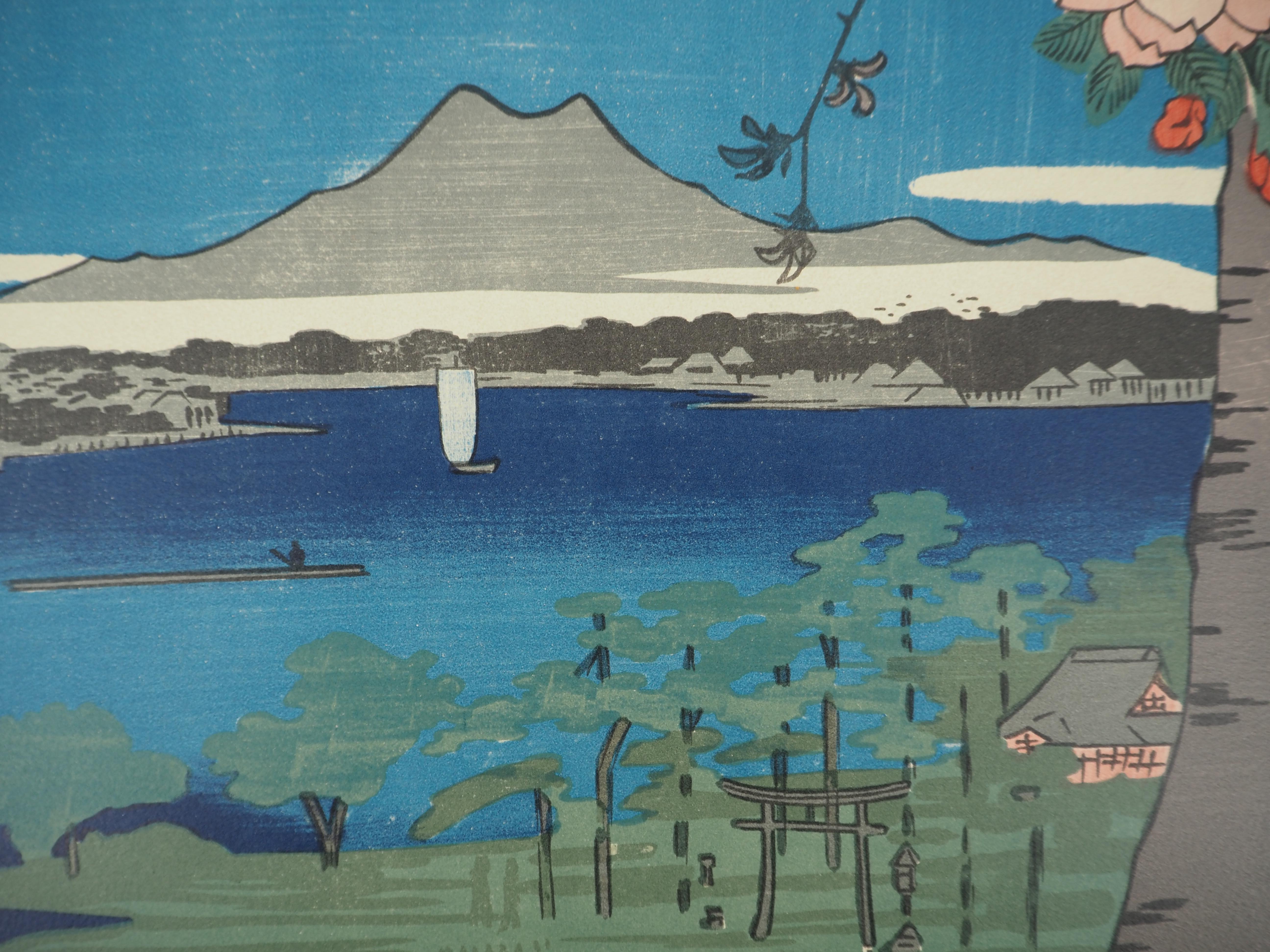 Giappone, Santuario Suijin e Masaki sul fiume Sumida - Litografia (Mourlot) - Print Edo di Utagawa Hiroshige