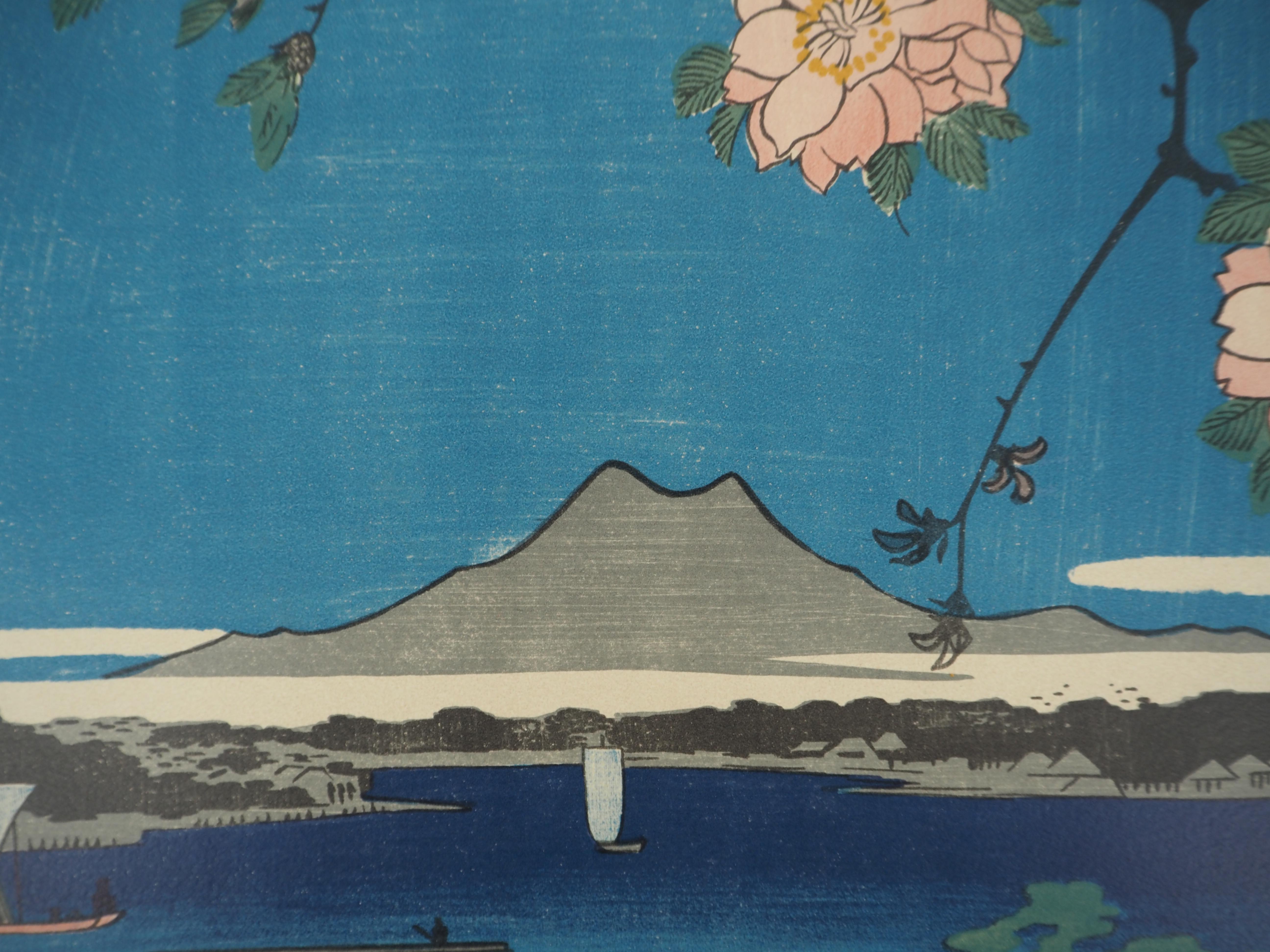 Giappone, Santuario Suijin e Masaki sul fiume Sumida - Litografia (Mourlot) - Landscape Print Grigio di Utagawa Hiroshige