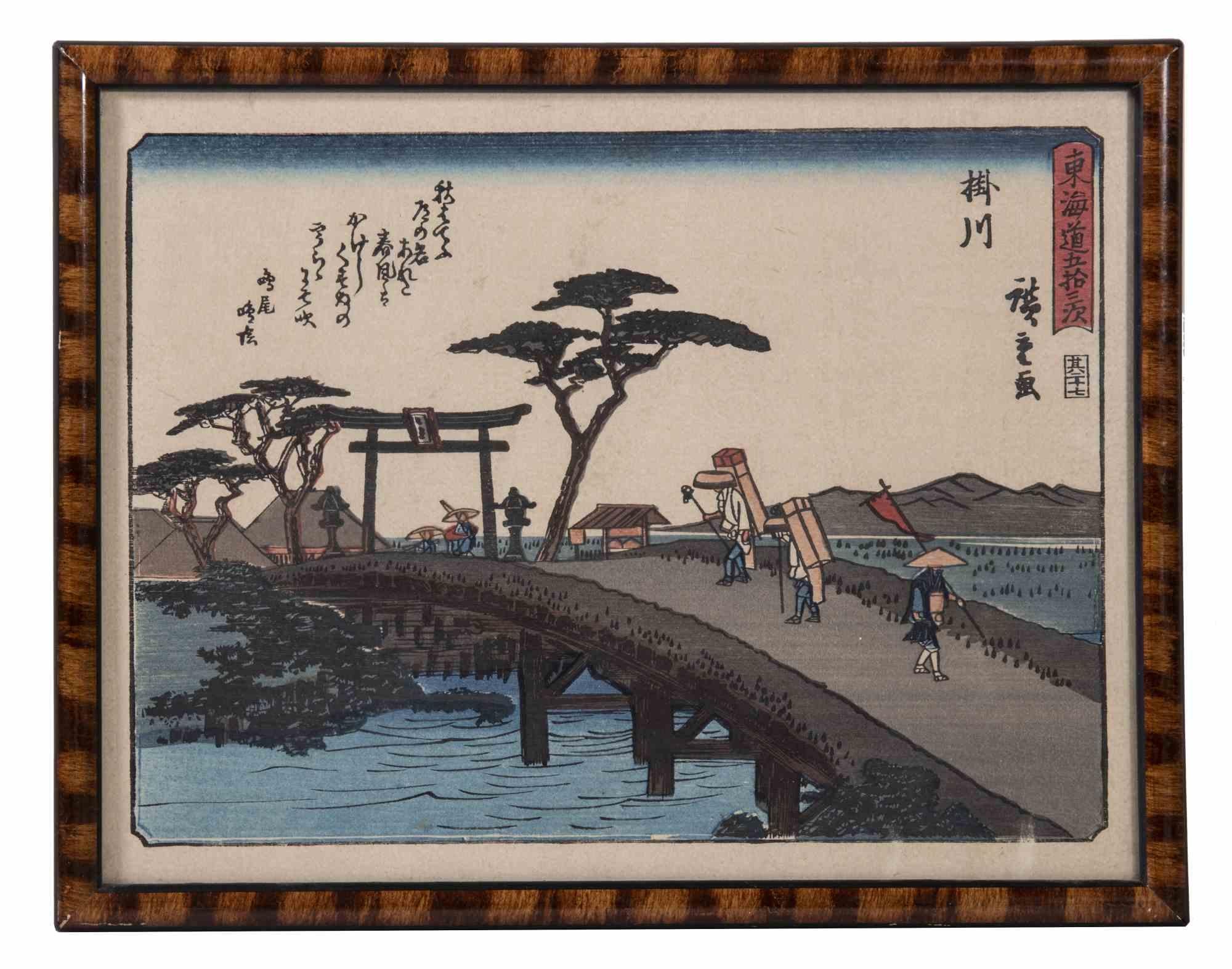 Kakegawa is an original modern artwork realized after Utagawa Hiroshige in the late 19th century.

Original woodcut print from "53 Stations of the Tokaido". Sheet dimensions: 21 x 27 cm. Frame is included.

Very good conditions. 

Utagawa Hiroshige