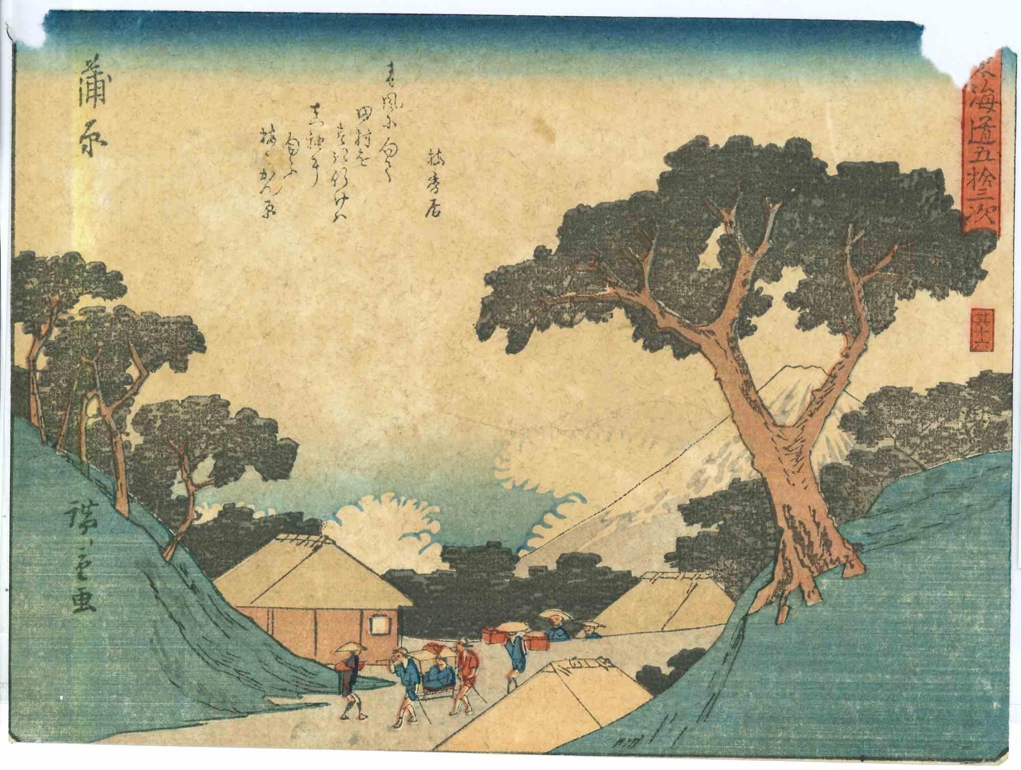 Kambara est une gravure sur bois polychrome (encre et couleur sur papier) d'Utagawa Hiroshige (Japonais, 1797-1858). La planche n° 16, issue de la suite d'estampes Cinquante-trois stations le long de la route du Tokaido (Tôkaidô gojûsan tsugi no