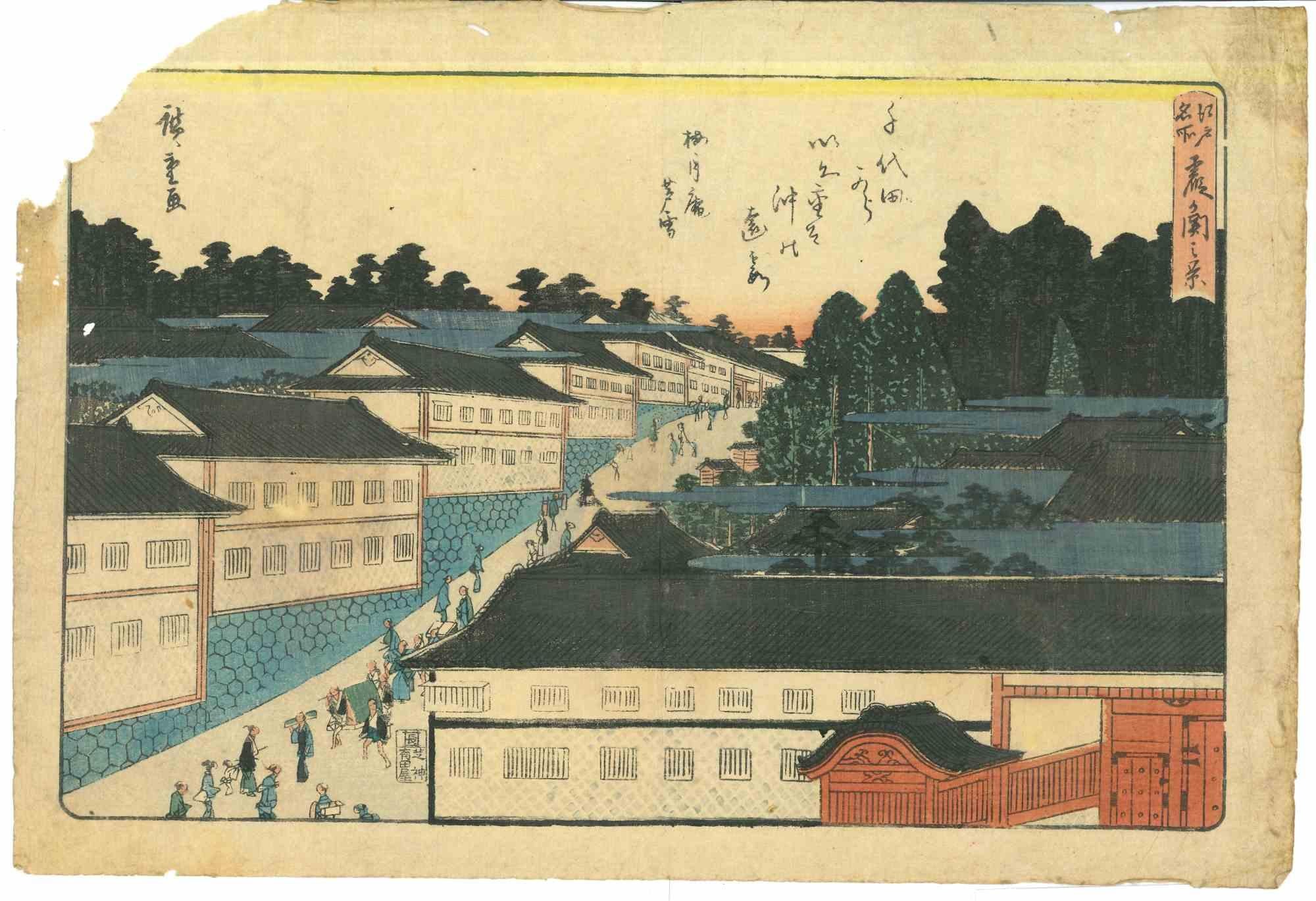 Kasumigaseki Nokei ist ein polychromer Farbholzschnitt (Nishiki-e, Tinte und Farbe auf Papier) von Utagawa Hiroshige (Japaner, 1797-1858). Diese Platte stammt aus der um 1840 entstandenen Druckserie Berühmte Orte von Edo.

Signiert auf der Platte