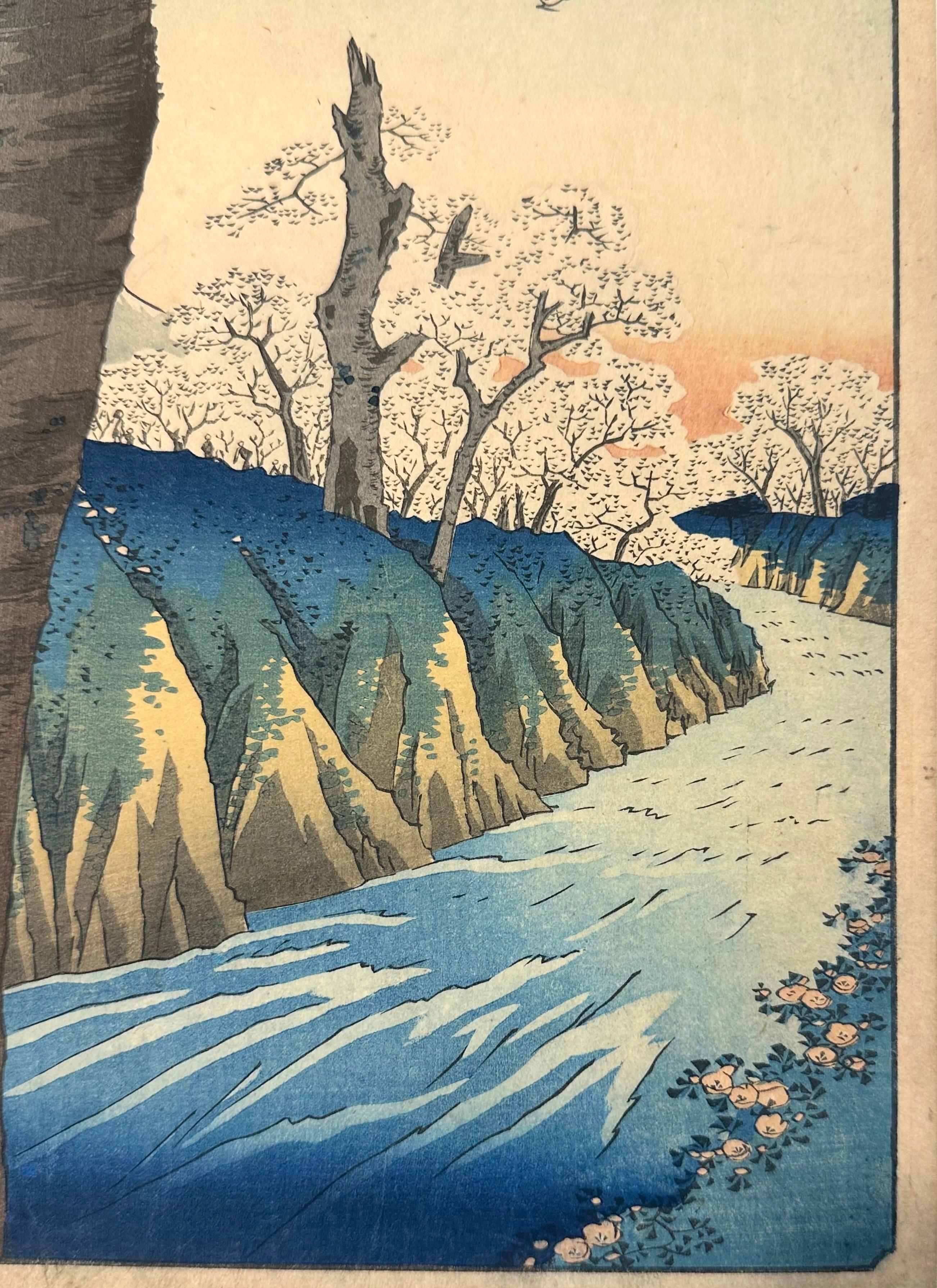 HIROSHIGE UTAGAWA I, Edo 1797 - 1858
Koganei in der Provinz Musashi, (Musashi Koganei) aus der Serie Sechsunddreißig Ansichten des Berges Fuji (Fuji sanjûrokkei) 
Nishiki-e. Farbholzschnitt, auf der Platte signiert: Hiroshige Ga
Serie: Fuji Sanju