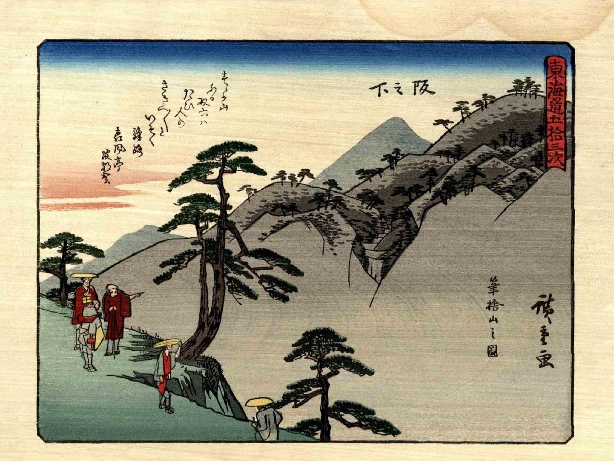 Kyoka-Tokaido ist ein originelles modernes Kunstwerk, das nach Utagawa Hiroshige (1797 - 12. Oktober 1858) im Jahr 1925 entstand.

Original-Holzschnittdruck Chuban yokoe.

Verkleinerter Nachdruck der Serie "Tokaido gojusan tsugi" (53. Station der