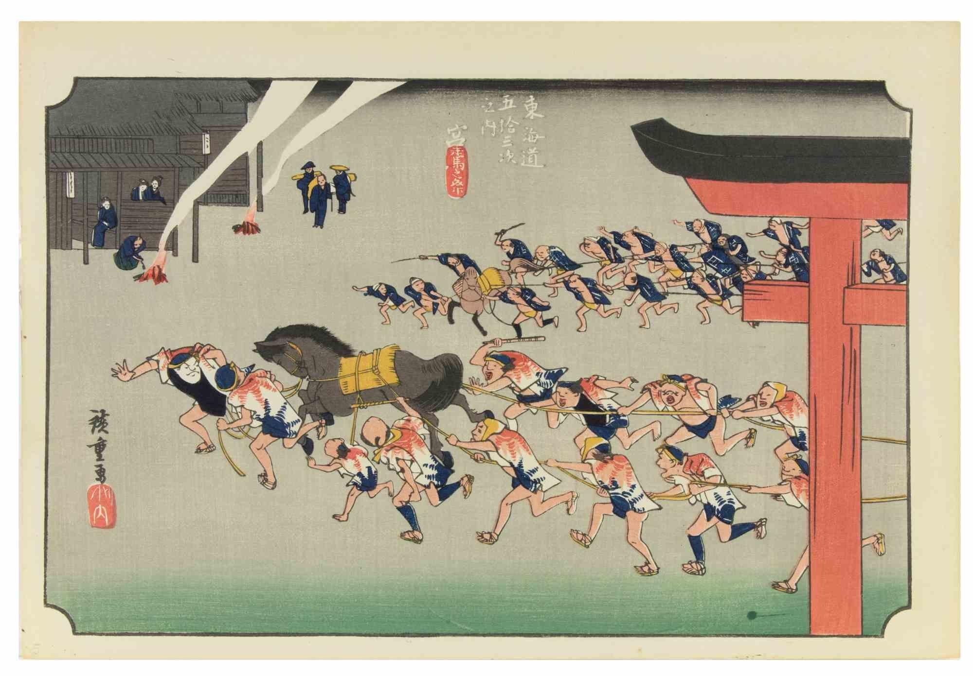 Miya is a woodcut print realized by Utagawa Hiroshige in 1833. 

It is part of the suite "The Fifty-three Stations of Tokaido".

Very good condition.