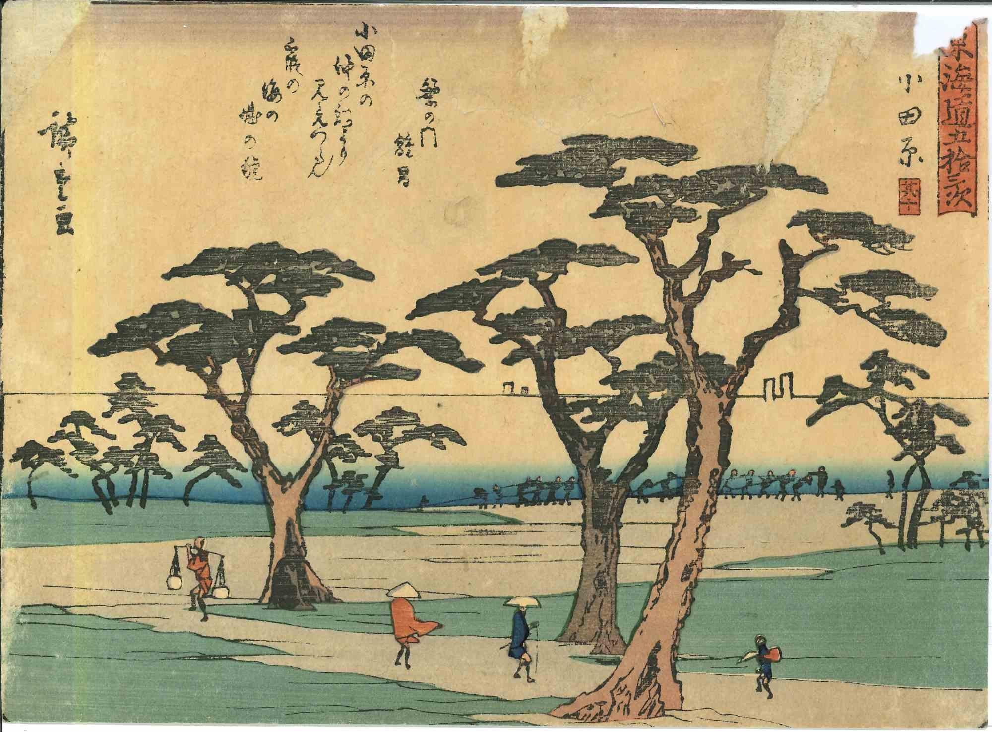 Odawara is a superb polychrome woodblock print (ink on paper) by Utagawa Hiroshige (Japanese, 1797-1858). From the print series “Fifty-three Stations Along the Tokaido Road (Tokaido Gosantsugi no tsugi).

Horizontal Oban. In fair condition, with