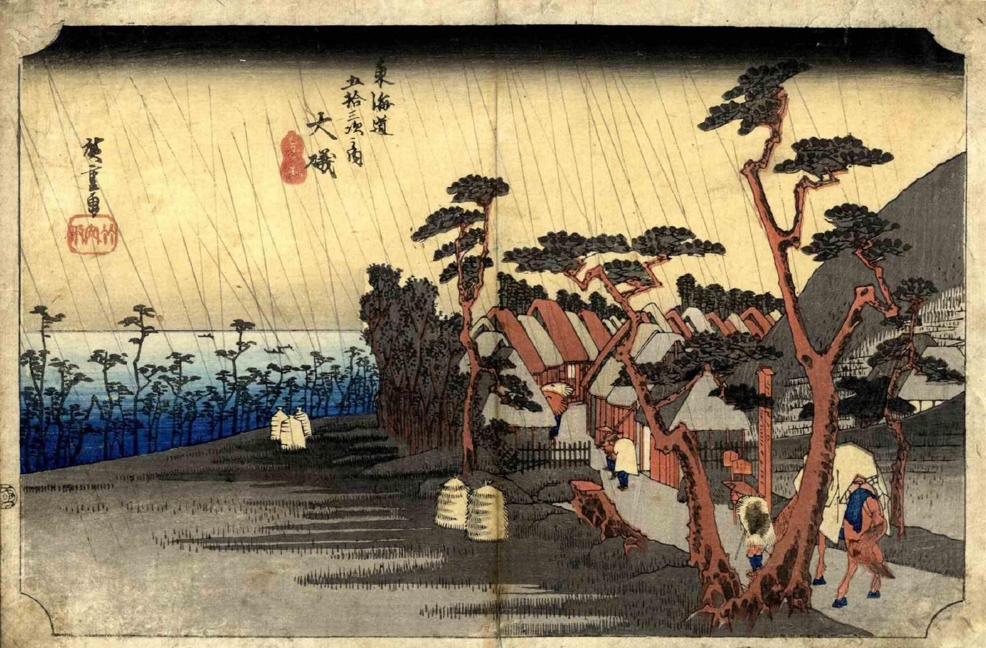 Oiso Station in the Rain – Holzschnitt von Utagawa Hiroshige -1833