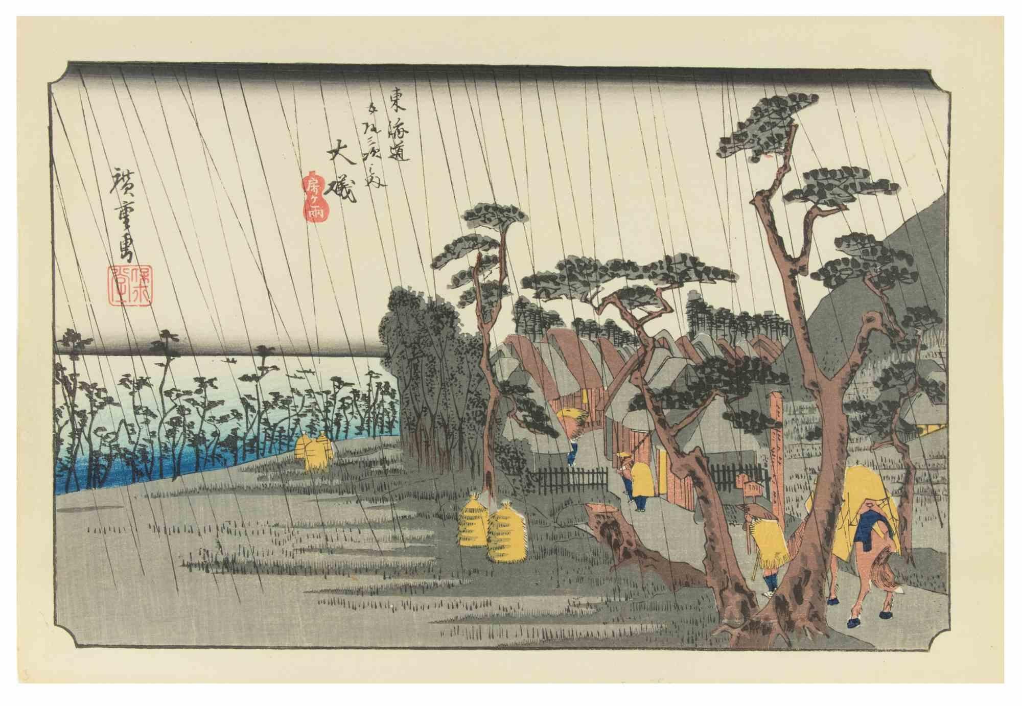 Oiso, Tora ga ame es un grabado xilográfico realizado por Utagawa Hiroshige en 1832. 

Forma parte del conjunto Las Cincuenta y Tres Estaciones del Tokaido - Oiso.

Muy buen estado.