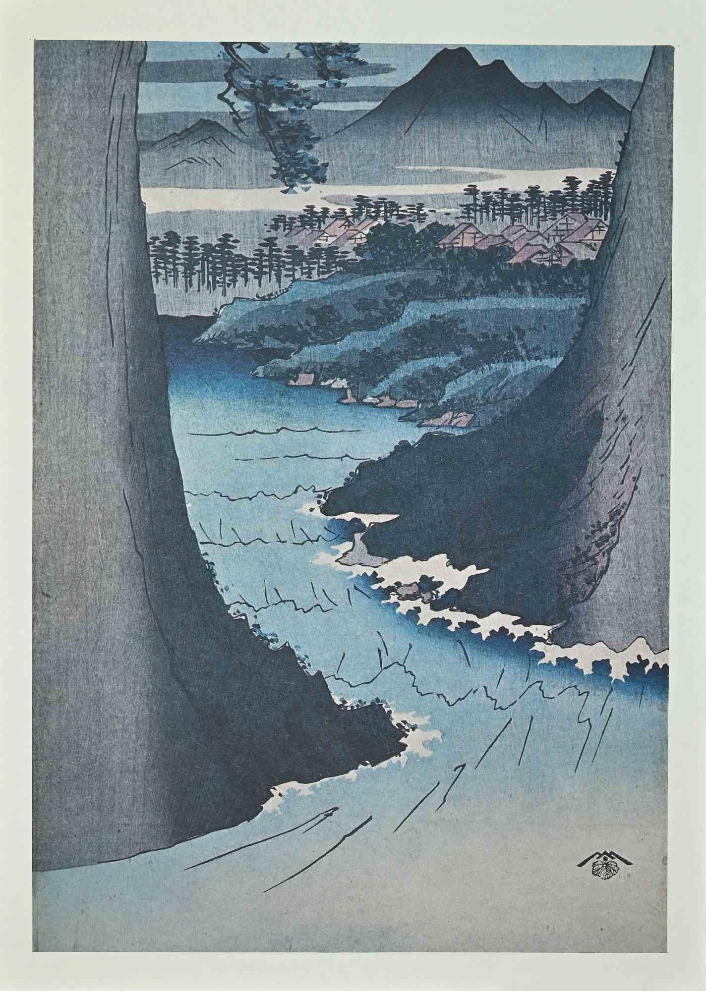 Der Panoramablick auf Saruhashi ist ein modernes Kunstwerk aus der Mitte des 20. Jahrhunderts.

Mischkolorierte Lithografie nach einem Holzschnitt des großen japanischen Künstlers Utagawa Hiroshige aus dem 19. Jahrhundert.

Sehr guter