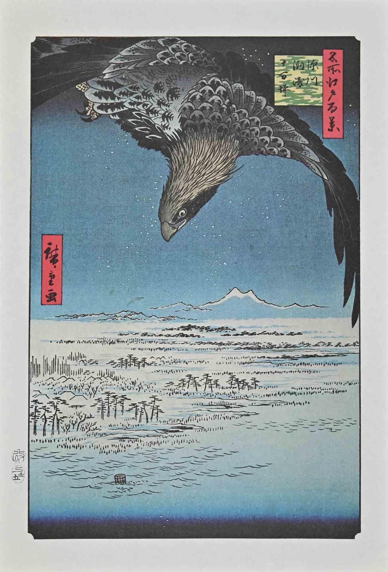 Praying in The Snow is a modern print realized in the Mid-20th Century.

Mixed colored lithograph after a woodcut realized by the great Japanese artist Utagawa Hiroshige in the 19th century.

Very Good conditions.

Utagawa Hiroshige, also known as 