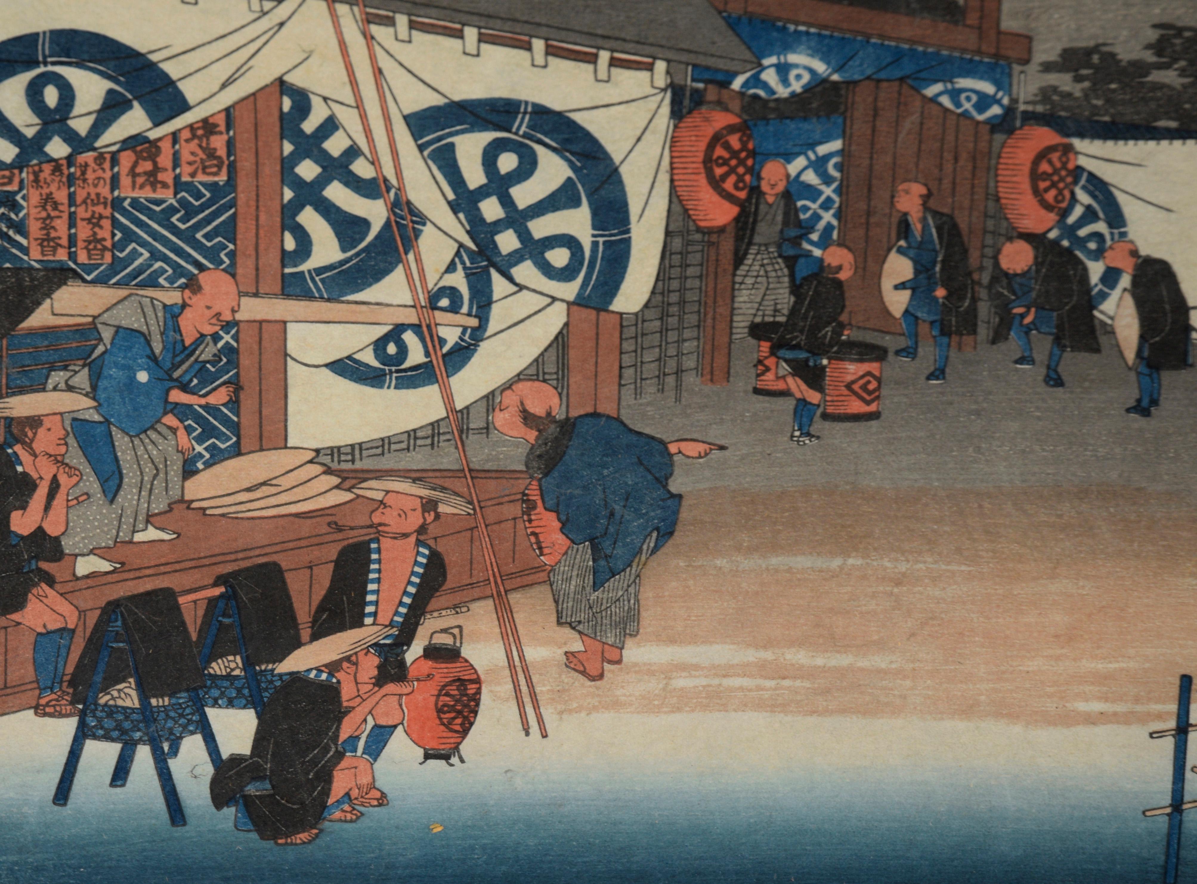 Etapa 48 de las 53 etapas del Tokaido - xilografía japonesa sobre papel de arroz

Grabado en madera de vendedores de ropa de Utagawa Hiroshige (japonés, 1797-1858). Esta escena, impresa originalmente en 1833, representa la estación de Seki, en la