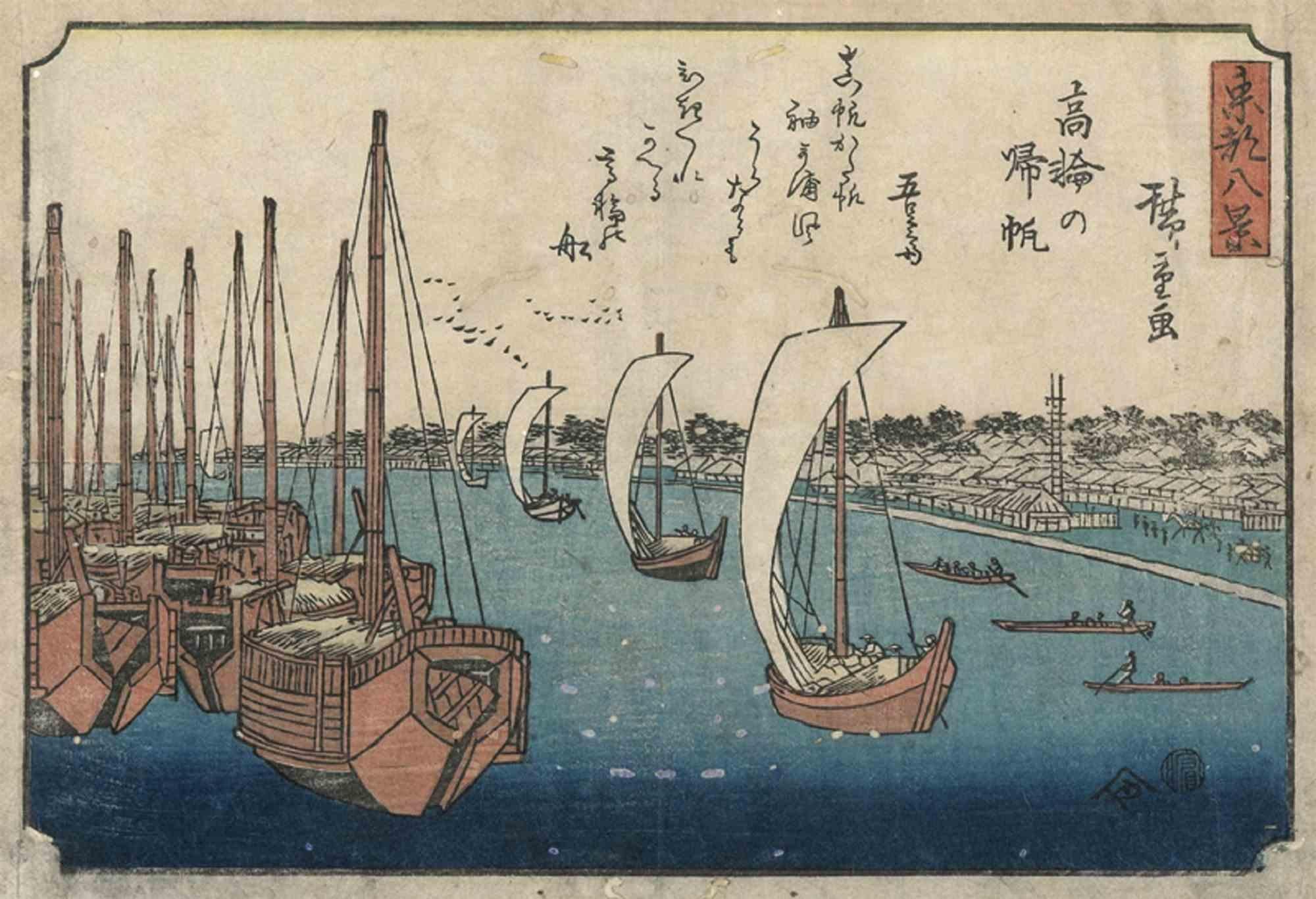 Takanawa no kihan is a modern artwork realized between 1843 and 1847 after Utagawa Hiroshige.

Ukiyo-e color woodblock print from the Touto hakkei (The Eight Famous Views of the Capital of the East) series.

Mounted under passepartout. 

The artwork