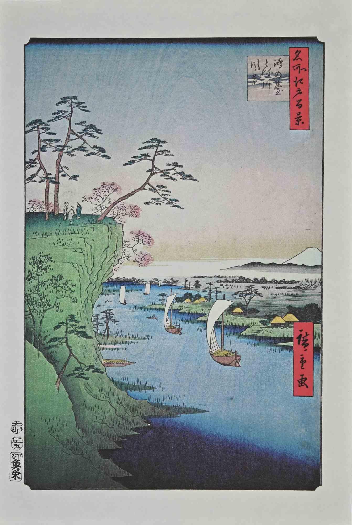 La mer et les bateaux - Lithographie d'après Utagawa Hiroshige - Milieu du XXe siècle