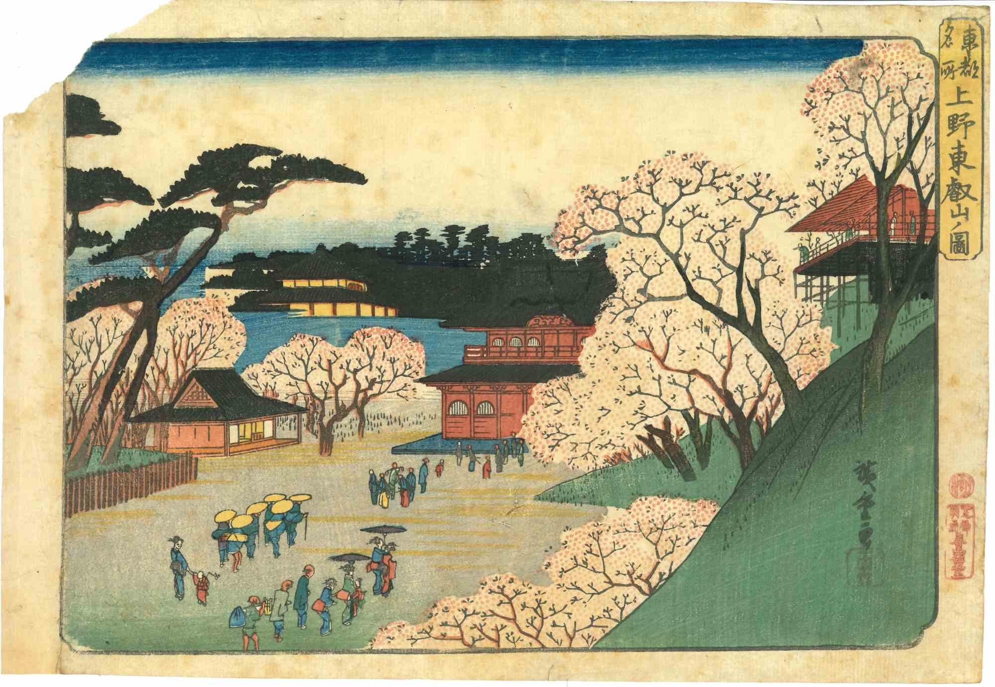 Ueno Tôeizan no zu (Tôeizan Temple at Ueno) is a polychrome woodblock print (ink and colour on paper) by Utagawa Hiroshige (Japanese, 1797-1858). A superb plate, from the print suite Famous Places in the Eastern Capital (Tôto meisho),designed