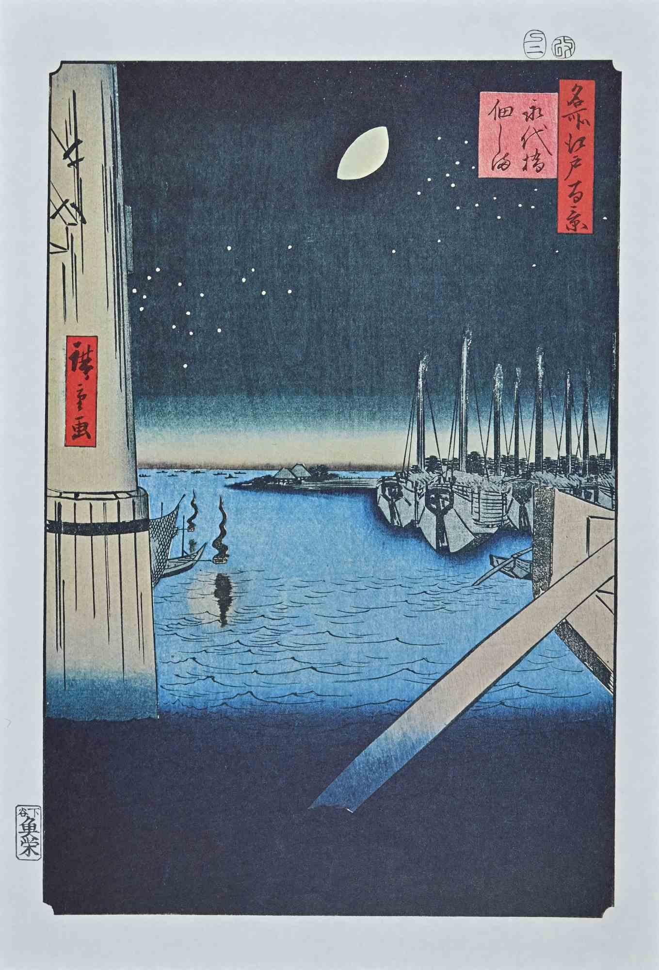 L'île de Tsukda - Lithographie originale d'après Hiroshige - Milieu du XXe siècle