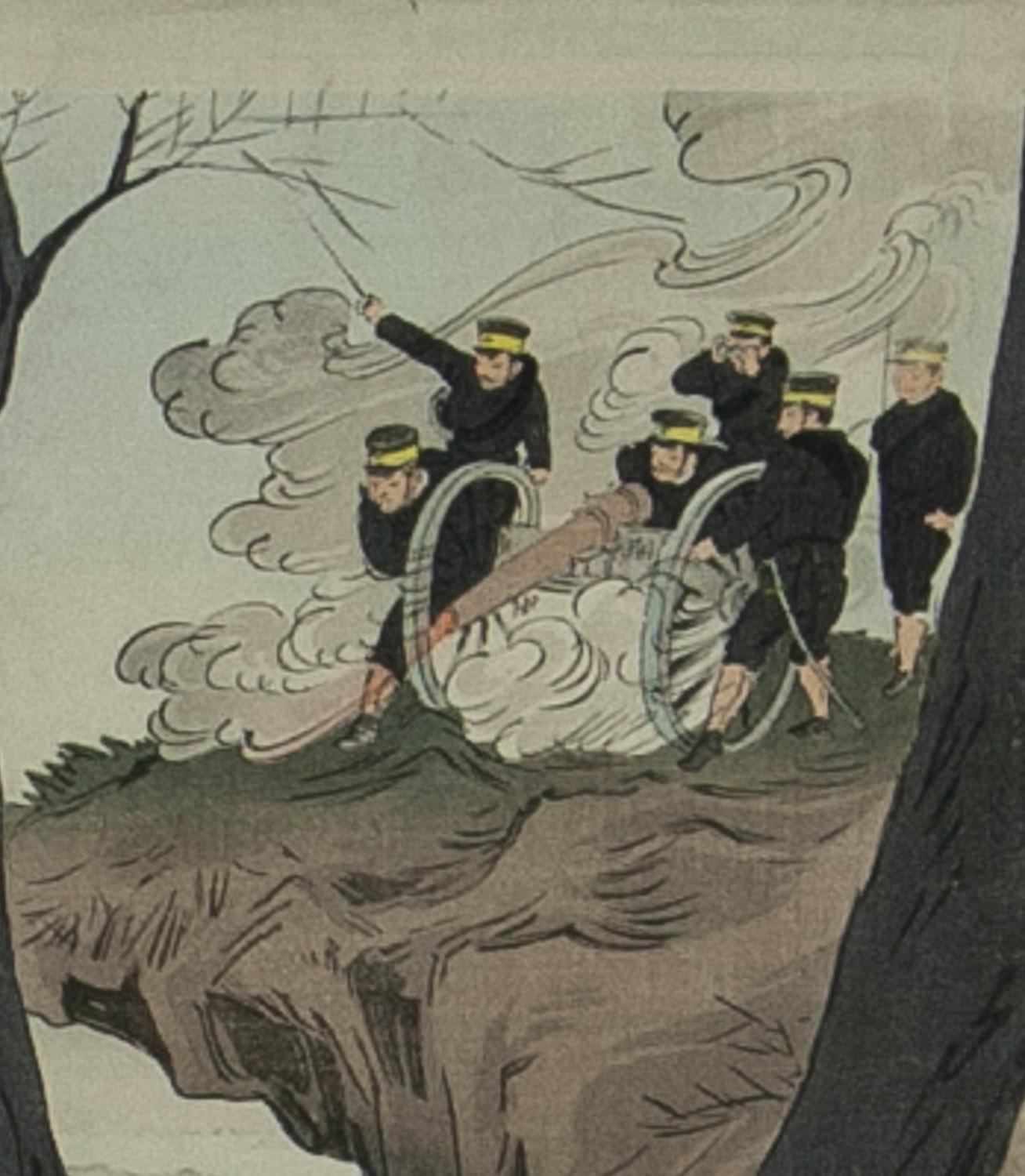In einer heftigen Schlacht in Seoul von Kokunimasa (Ryukel ) Holzschnittprobe 1904 (Braun), Figurative Print, von Utagawa Kokunimasa