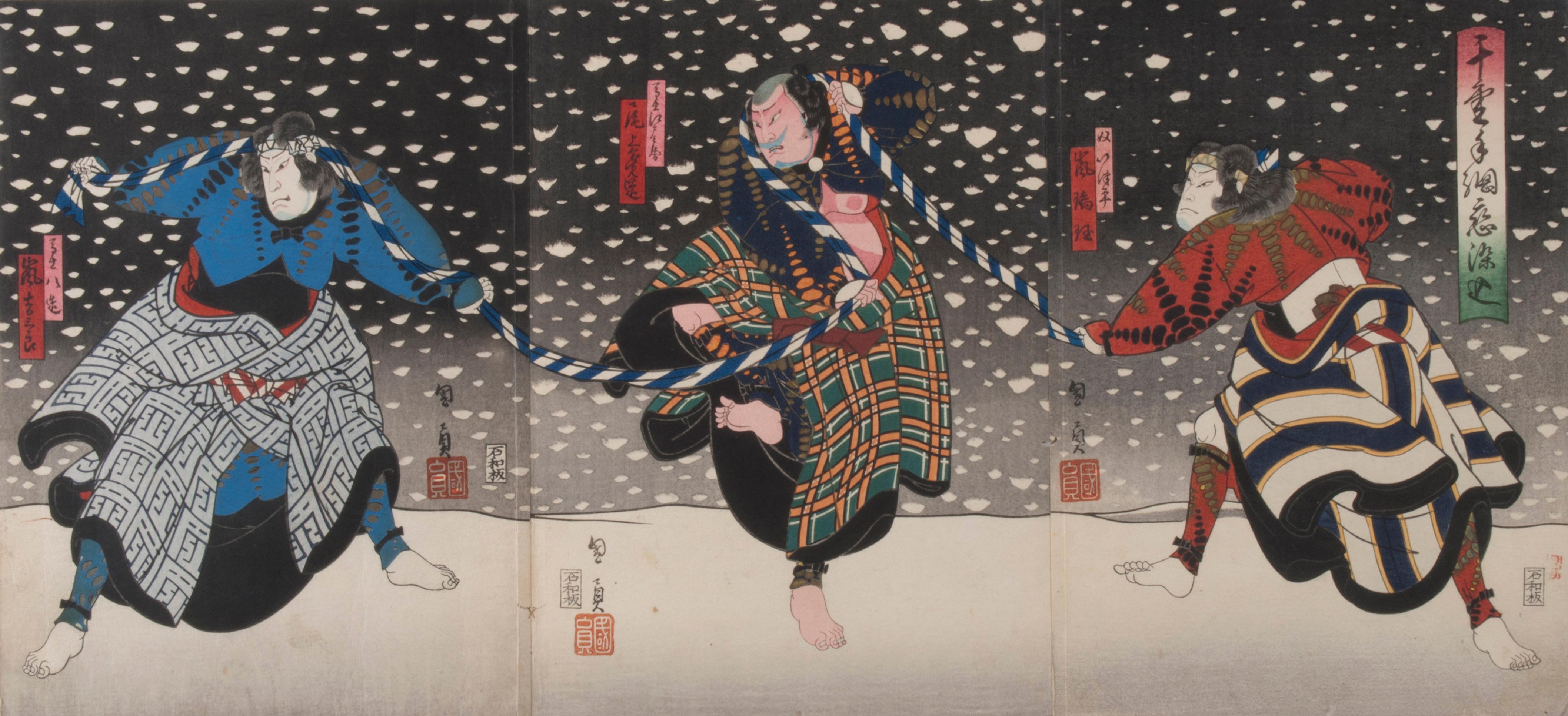 Utagawa Kunikazu Figurative Print - Snowy scene in the kabuki play, "Senryo Tazuna Koi no Somekomi" 