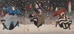 Verschneite Szene im Kabuki-Stück "Senryo Tazuna Koi no Somekomi". 