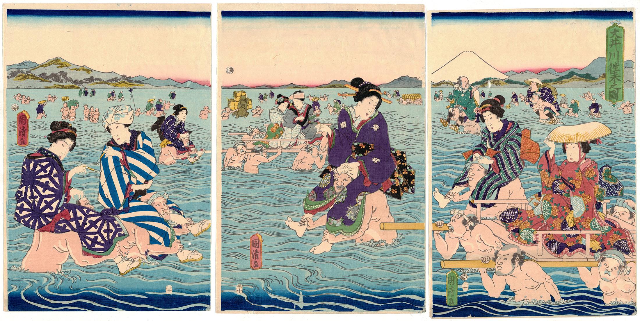 Artist: Kunikiyo Utagawa 
Description: Crossing the Ooi River
Publisher: Tsutaya Kichizo
Date: 1857
Dimensions: (R) 25.3 x 37.6 (C) 25.5 x 37.7 (L) 25.3 x 37.5 cm

While little is known about the artist of this work, the image he depicted appeared