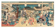 Antique Bijin and Children on a Porch with Lanterns-Woodcut by Utagawa Kunisada II-1870s