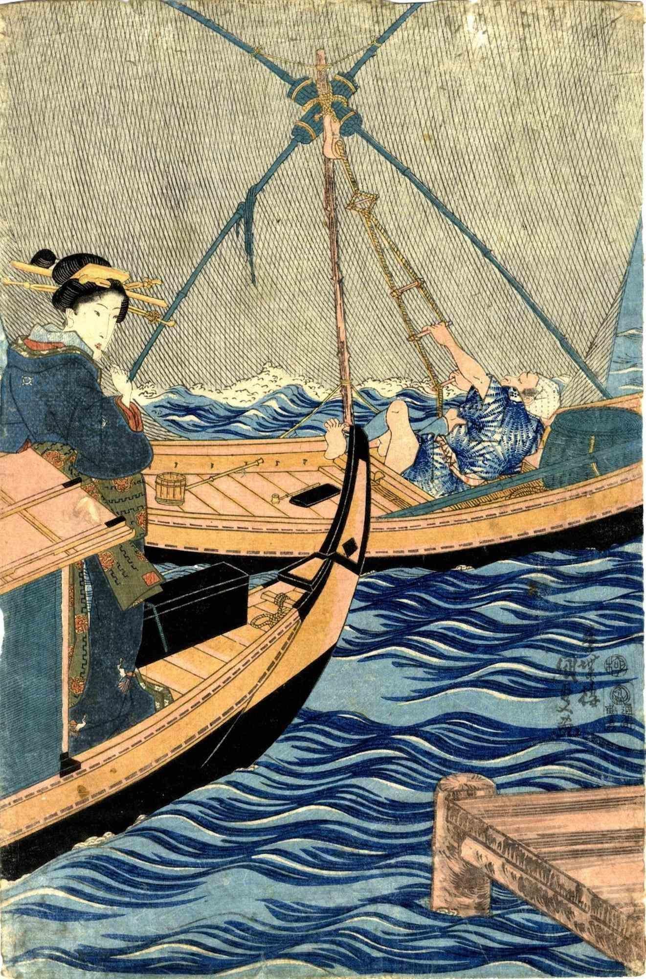 Fishing Boats is an original modern artwork realized by Utagawa Kunisada in 1860.

Signature Kochoro Kunisada ga. Publisher: Tsuruya Kiemon. Censored by Kiwame. Pleasure and fishing boat on the Sumida near a pier before a storm.

Very good