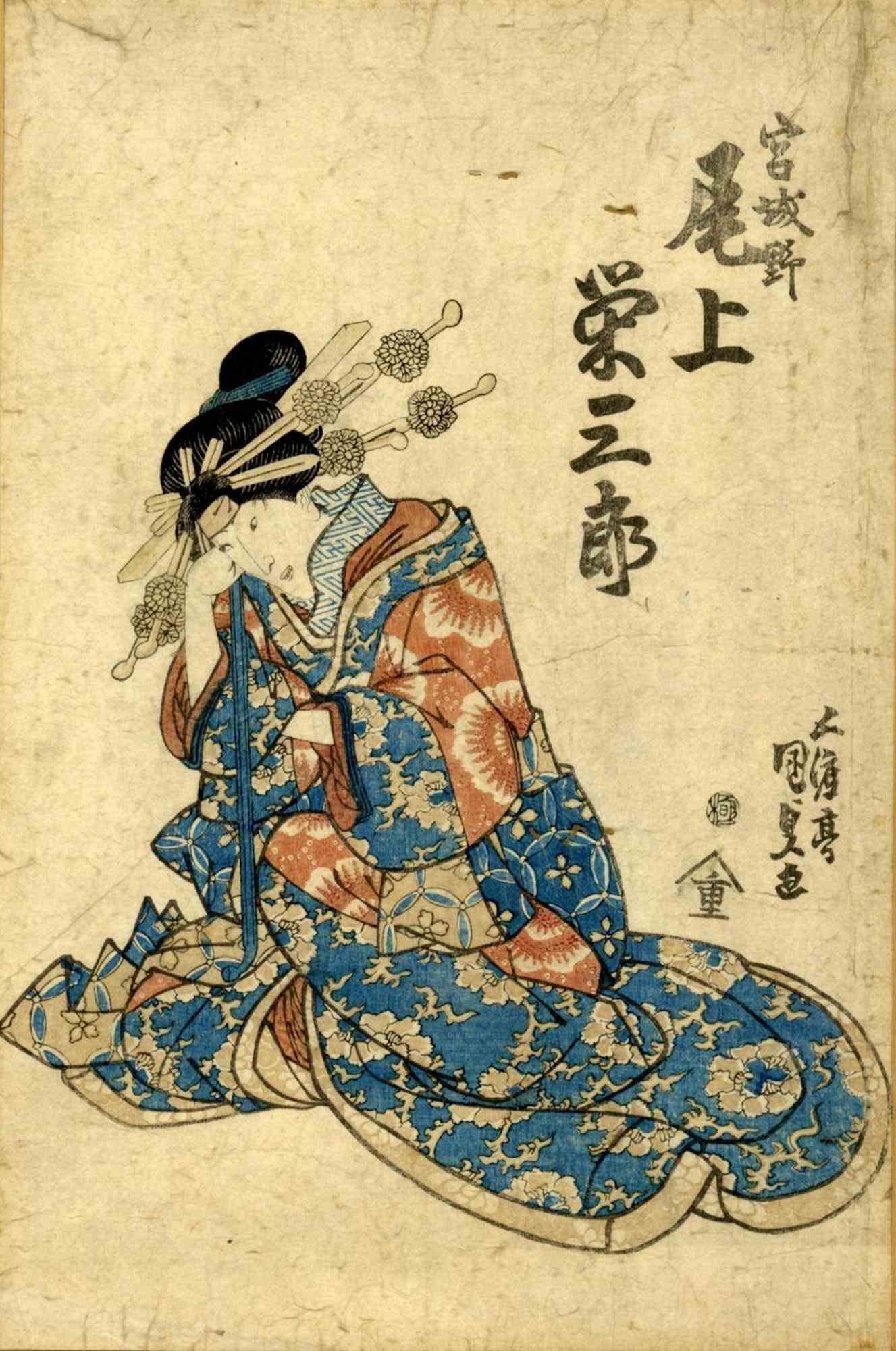 The actor Onoe Eisaburo is an modern artwork realized by Utagawa Kunisada in 1830s.

Woodcut Print Oban Format.

The actor Onoe Eisaburo in the role of the high-ranking courtesan Miyagino.

Signed Gototei Kunisada ga. Publisher: Joshuya Juzo.