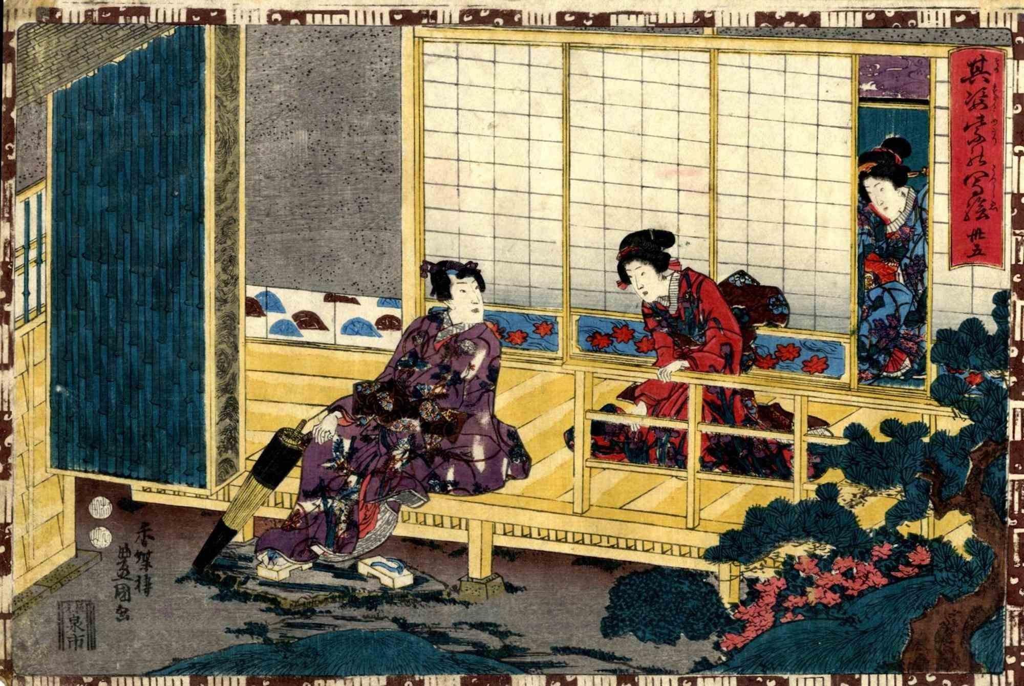 Wakana (Gengjie) is an original modern artwork realized by Utagawa Kunisada in 1850s.

Woodcut print Oban yokoe format 

From the series "Sono sugata yukari no utsushie" (Faithful images of the radiant prince Genji), 35th episode Wakana. Genji with