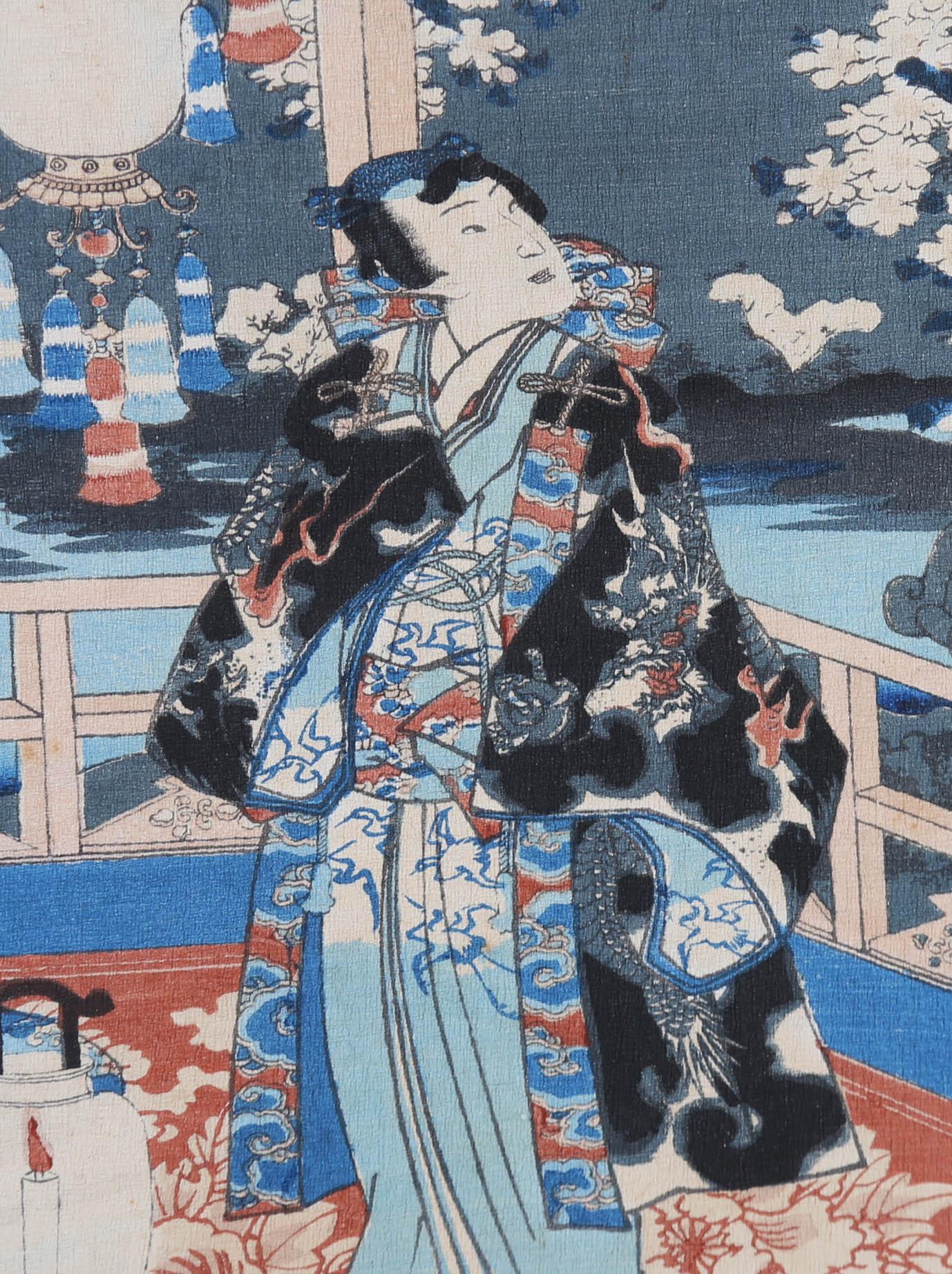 An incredibly dynamic and narrative Ukiyo-e woodblock in the traditional palette of rust red, black and blue. The triptych is a panel from the story of Prince Genji (the central figure) who was a promiscuous person of stature who had affairs with